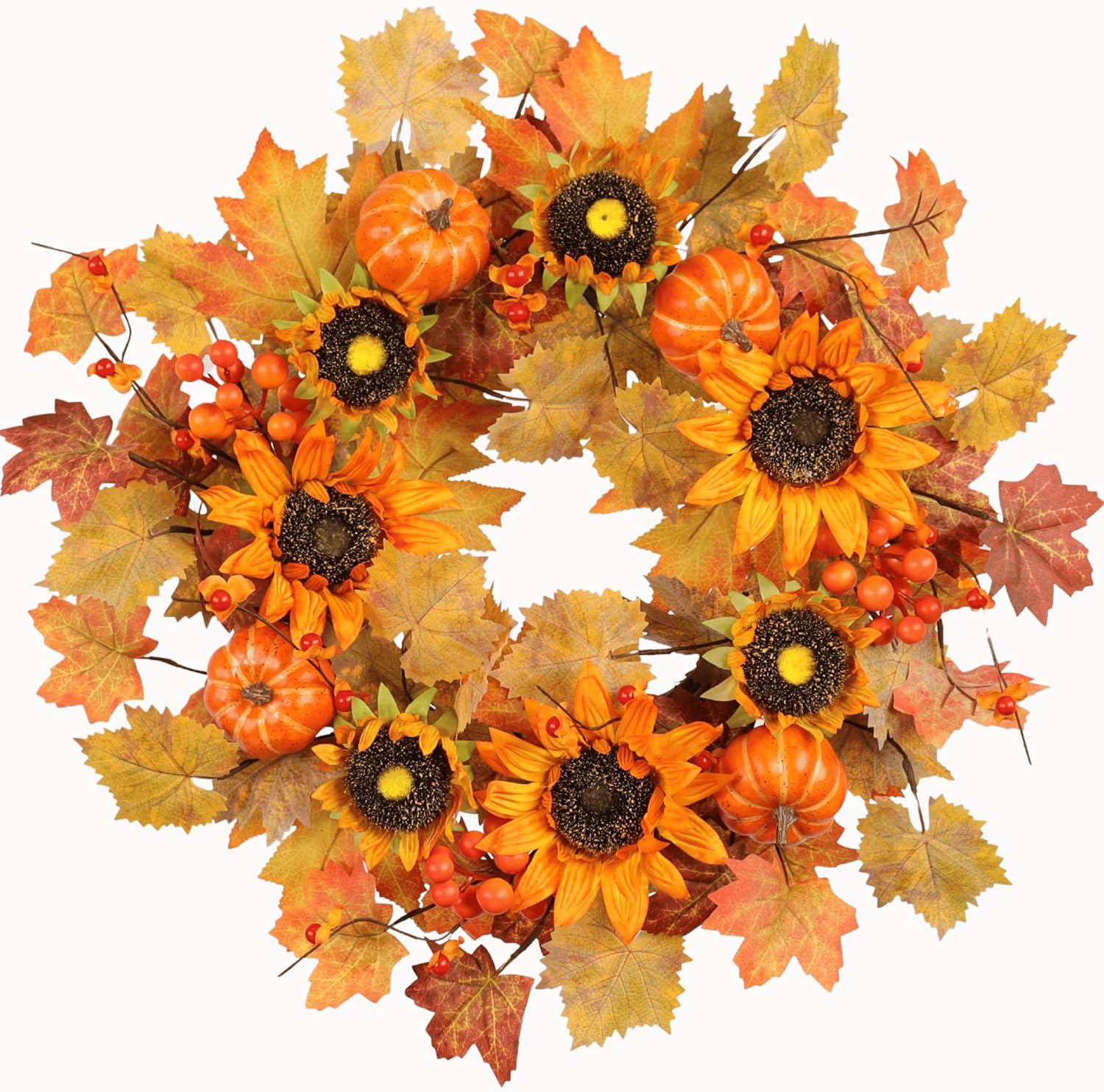 Zhemobang 22 Inch Fall Wreath with Sunflowers and Pumpkins