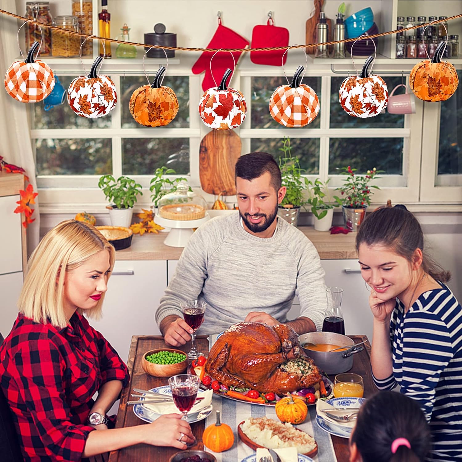 12 Pcs Fall Hanging Pumpkin Ornament with Maple Leaf Pattern