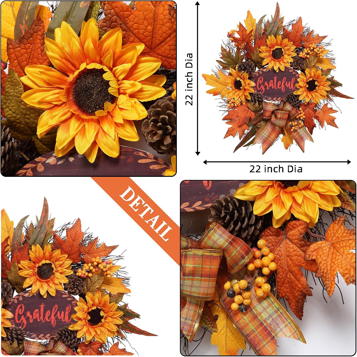 20 Inch Autumn Sunflower Front Door Wreath