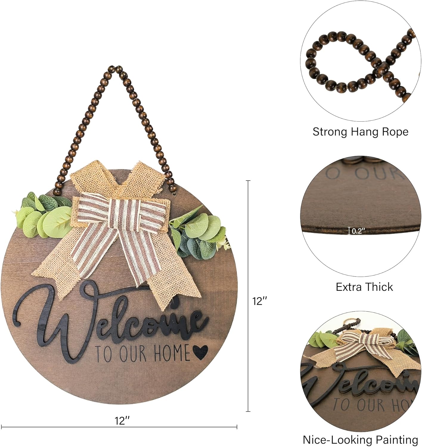 INTERHOMART 12 Inch Round Wood Welcome Wreath Front Door Decor