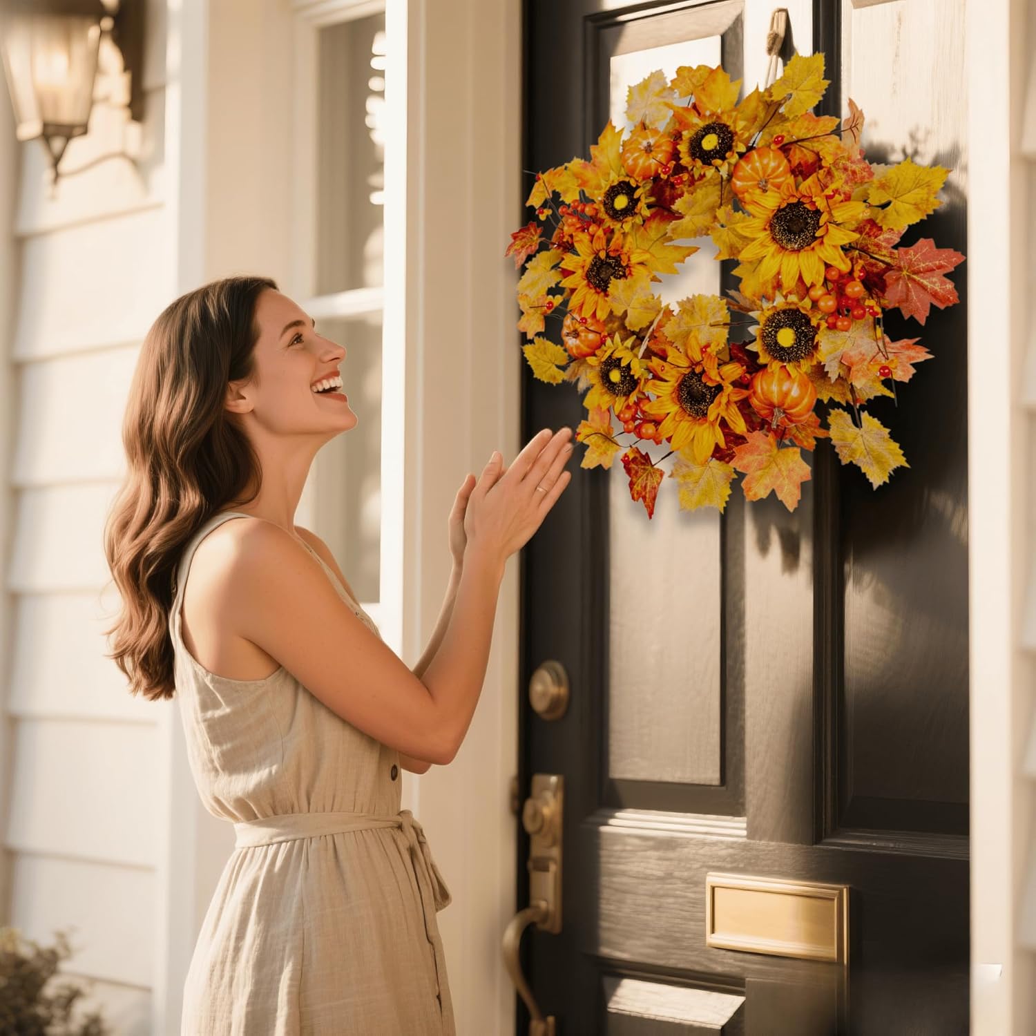 Zhemobang 22 Inch Fall Wreath with Sunflowers and Pumpkins