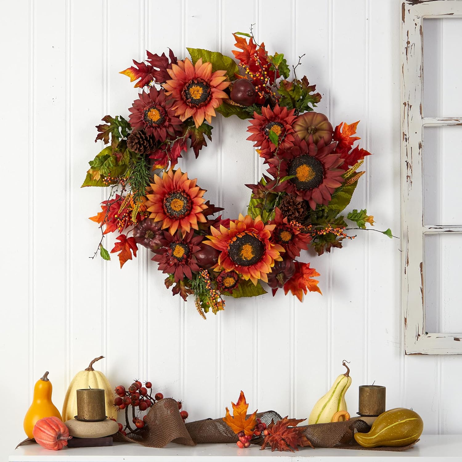 Nearly Natural 24in Autumn Fall Wreath with Sunflowers Pumpkins and Berries