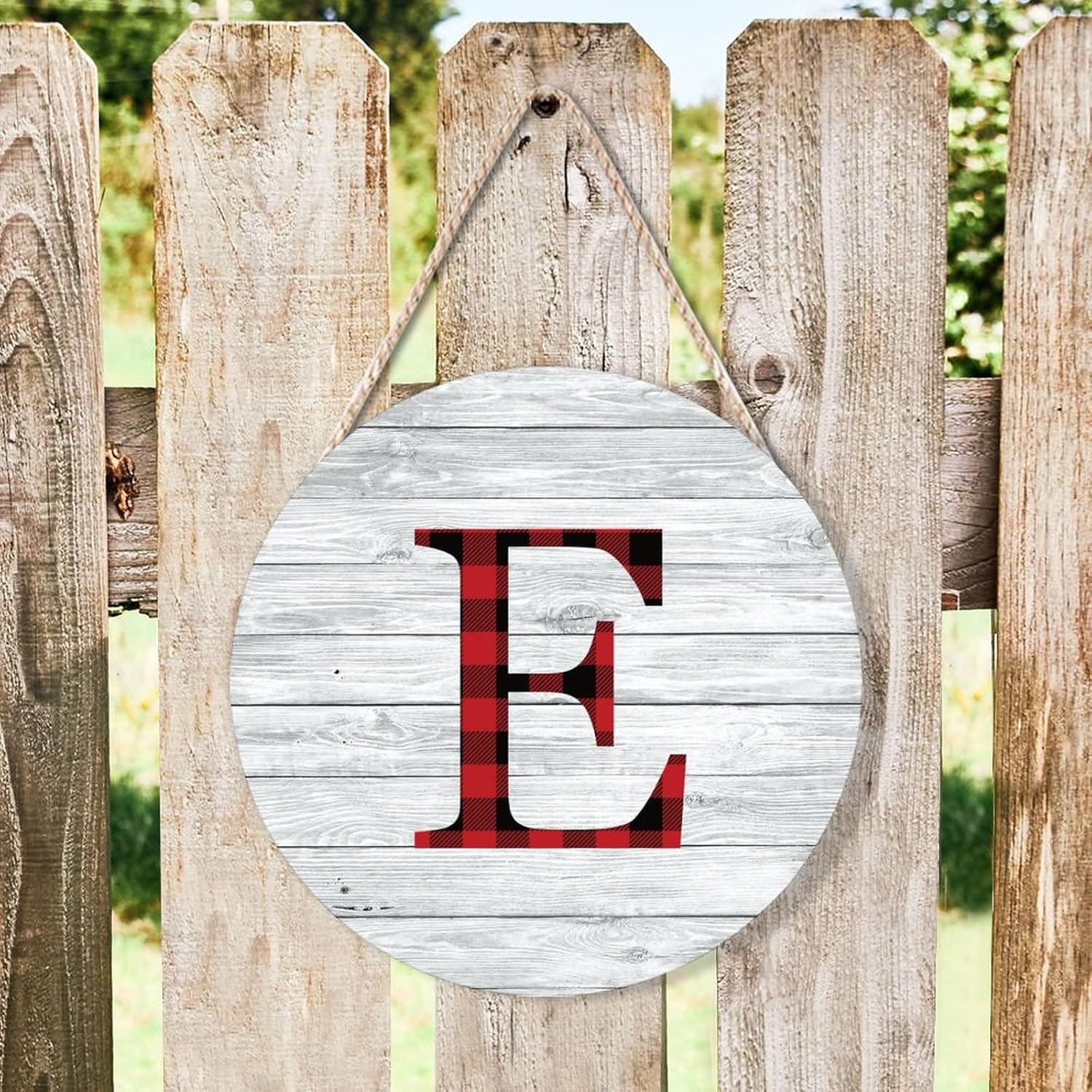 Farmhouse Door Hanger Red Black Buffalo Plaid Alphabet E Wood Sign 10x10in
