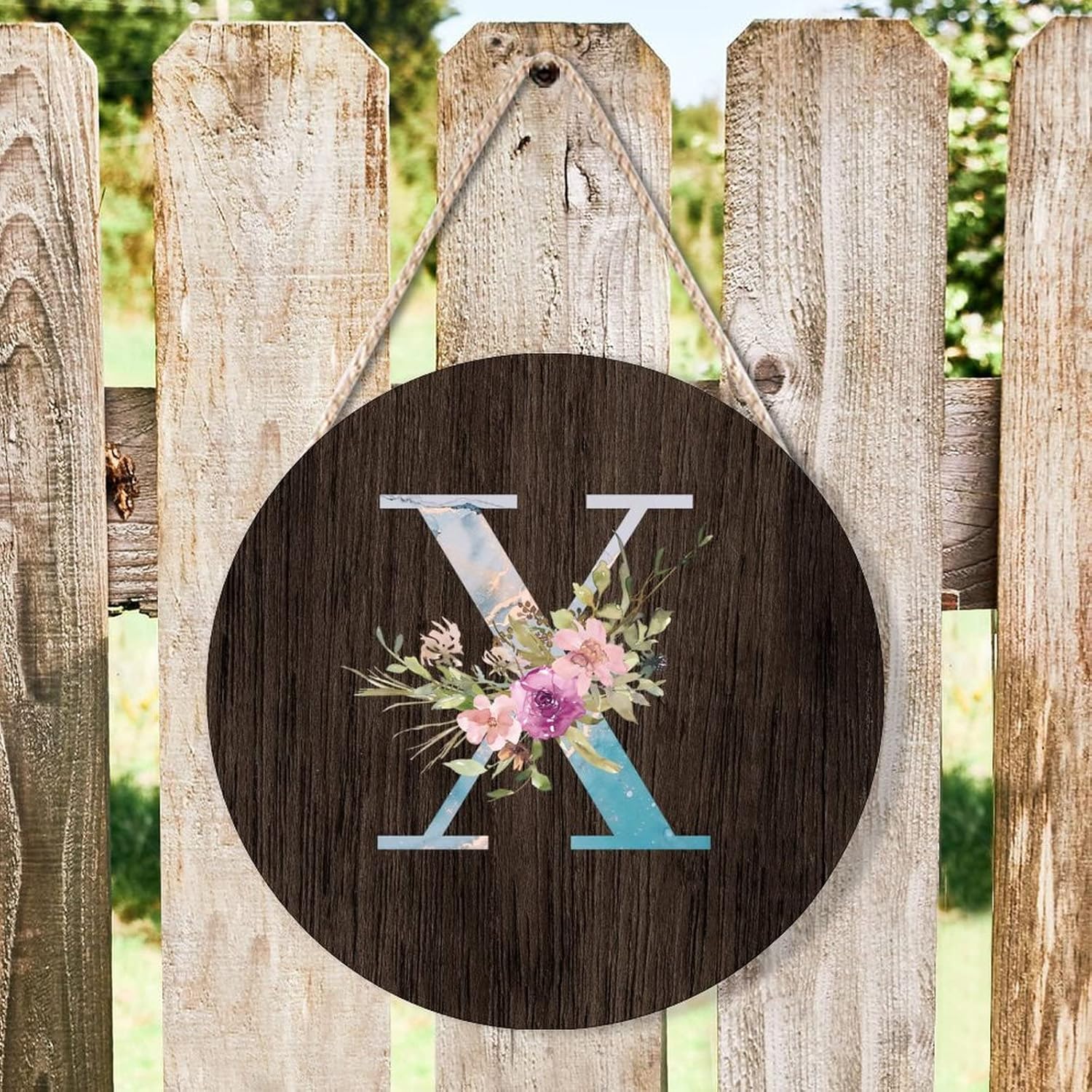 Farmhouse Front Door Hanger Blue Marble Floral Initial Letter X Wood Sign