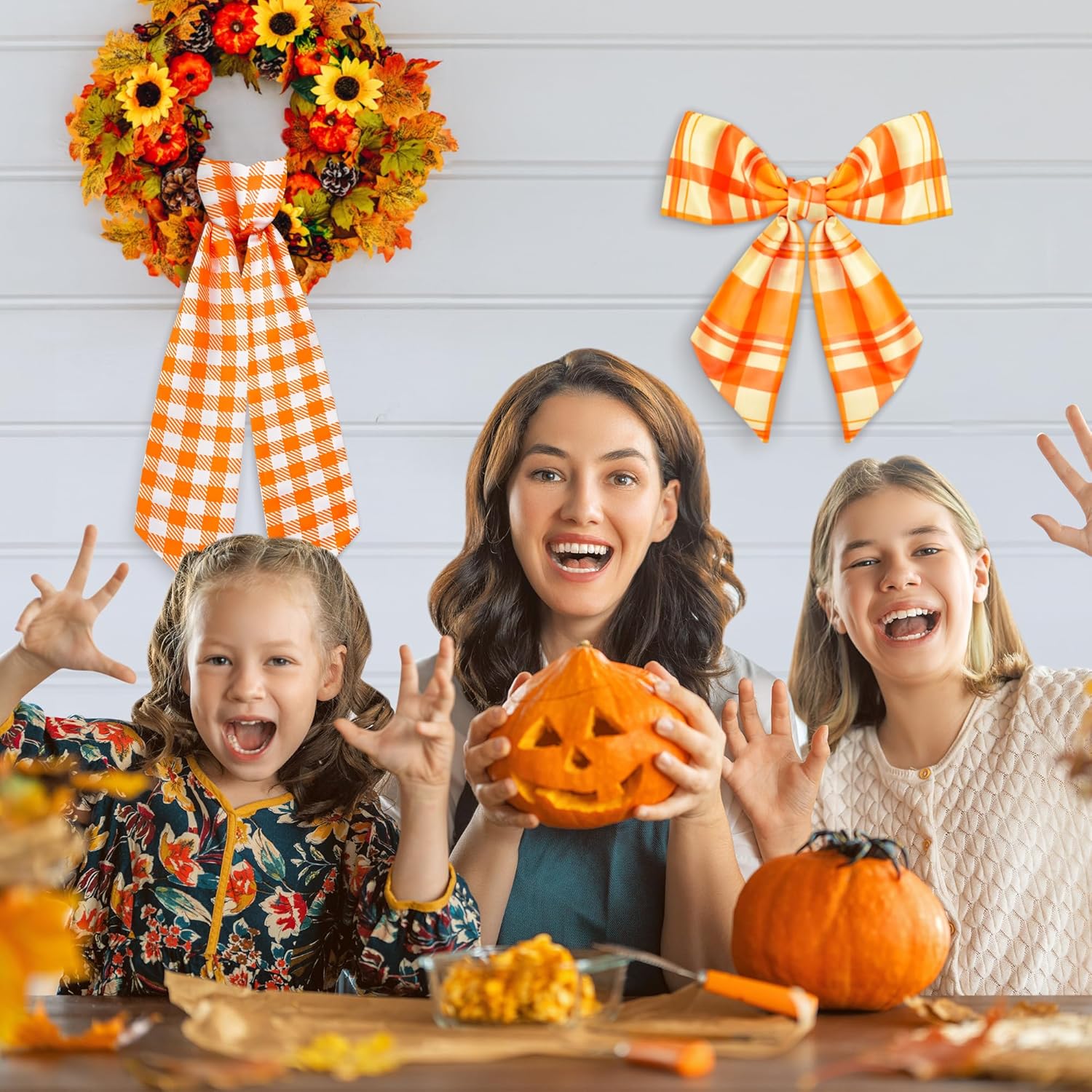 WATINC Autumn Orange Wreath Sash - 2pcs Fall Buffalo Check DIY Front Door Accessory