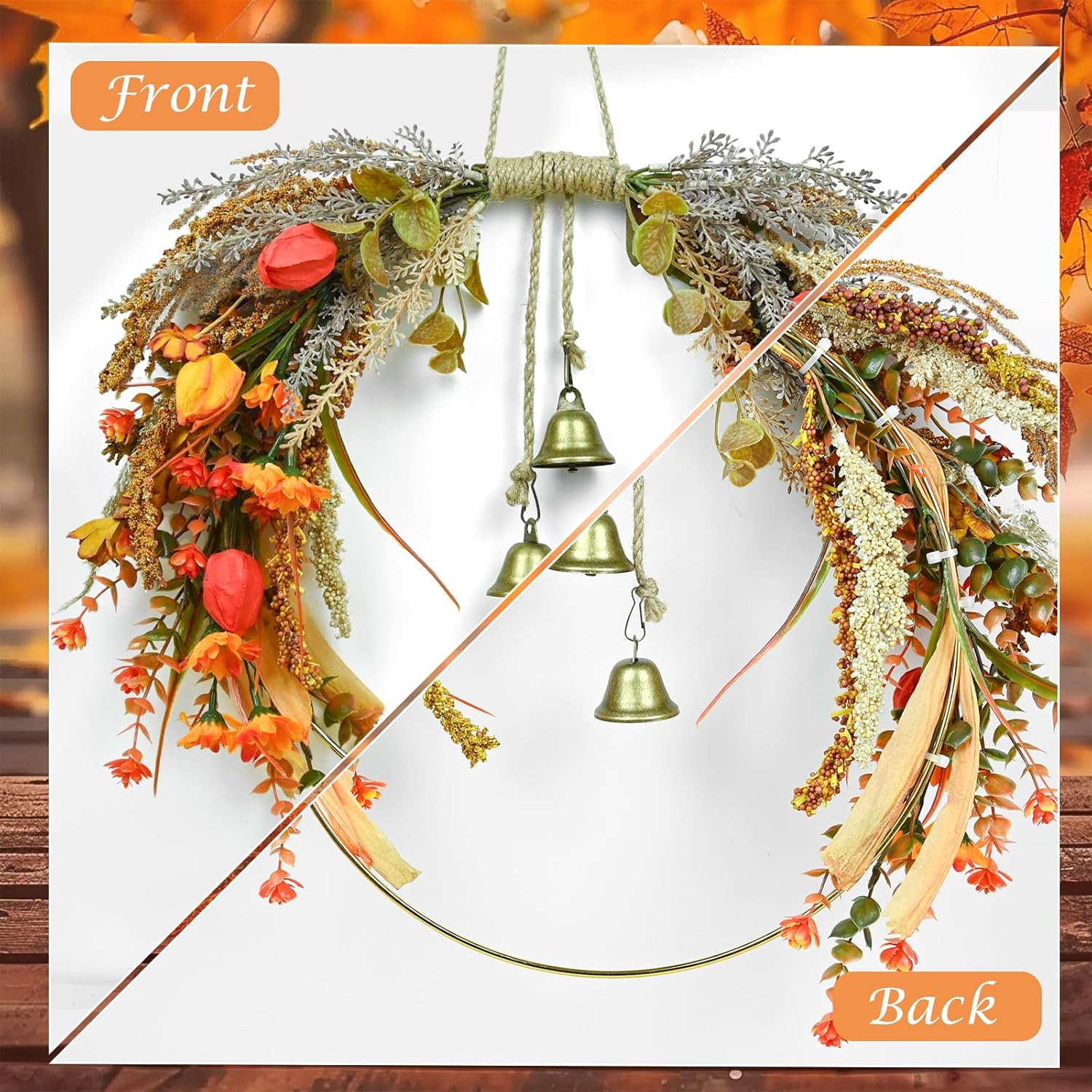 Fall Leaves Wreath for Front Door Autumn Decor with Colorful Mixed Leaves and Eucalyptus Branches