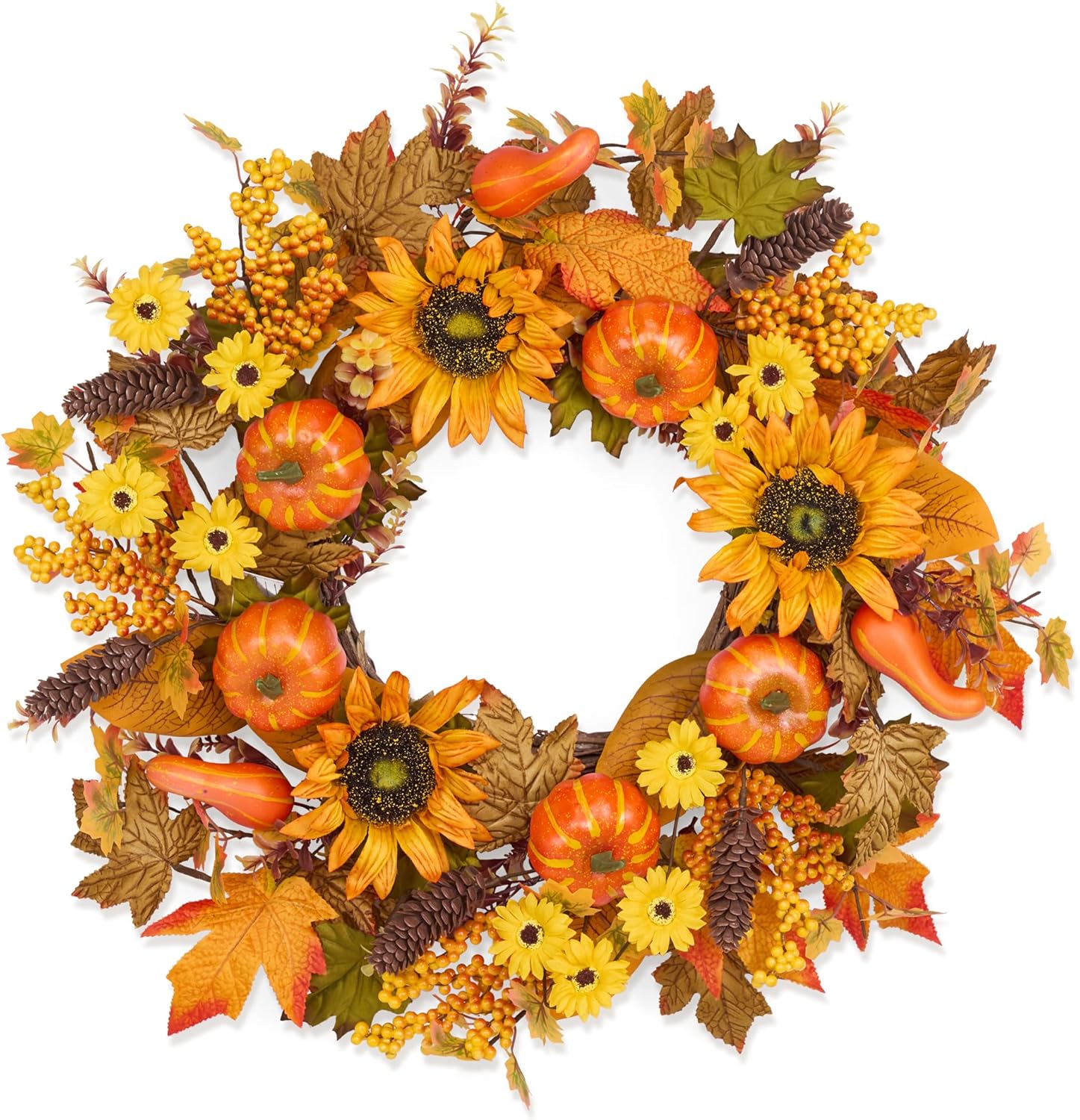 24 Inch Fall Wreath for Front Door Pumpkin Autumn Decor with Silk Leaves