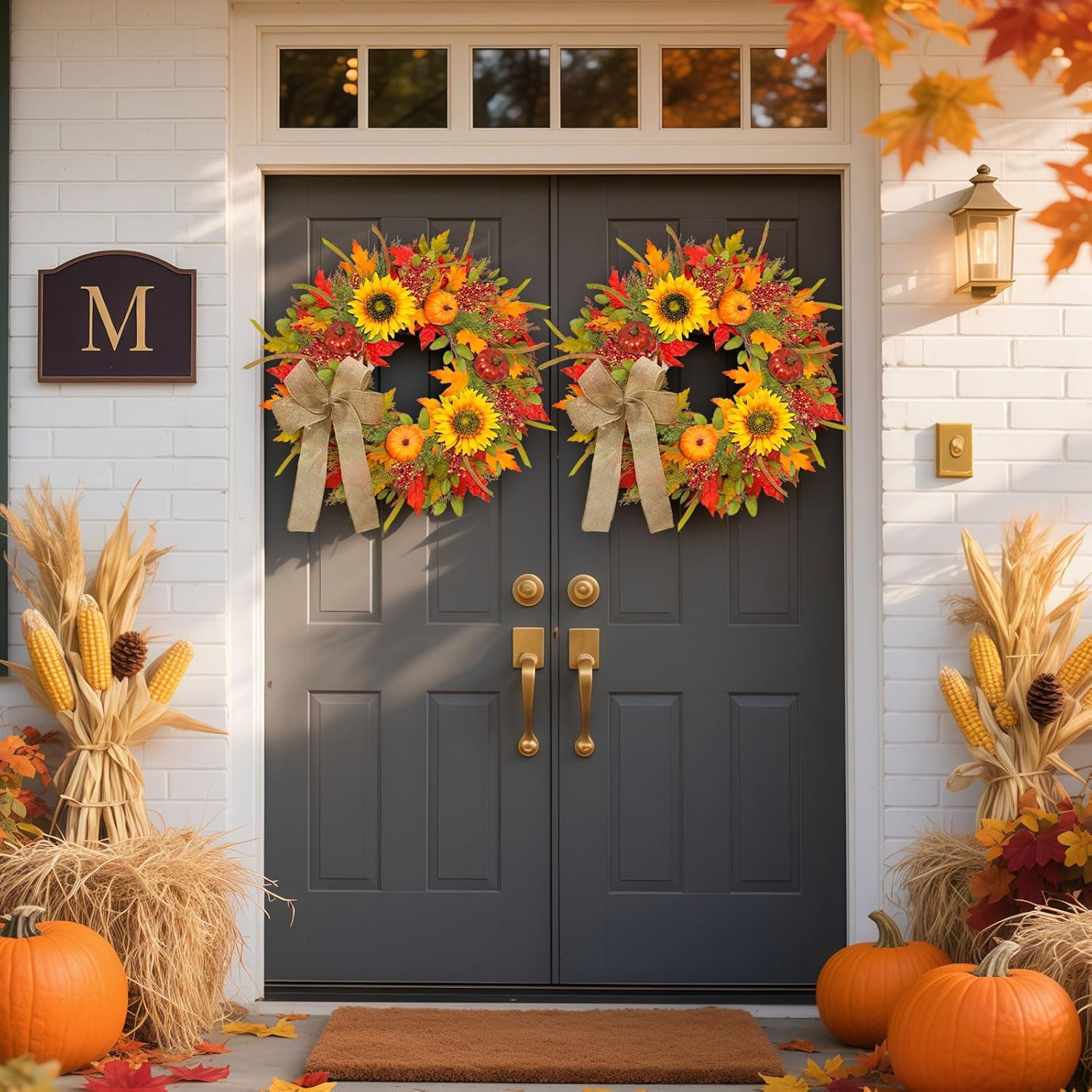 24-26 Inch Fall Wreath with Sunflowers Pumpkins Bows and Berries
