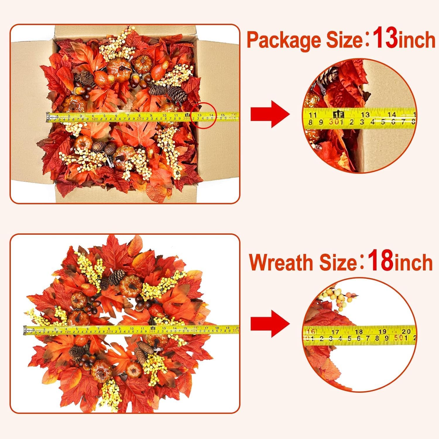 18 Inch Thick Fall Wreath with 20 LED Lights
