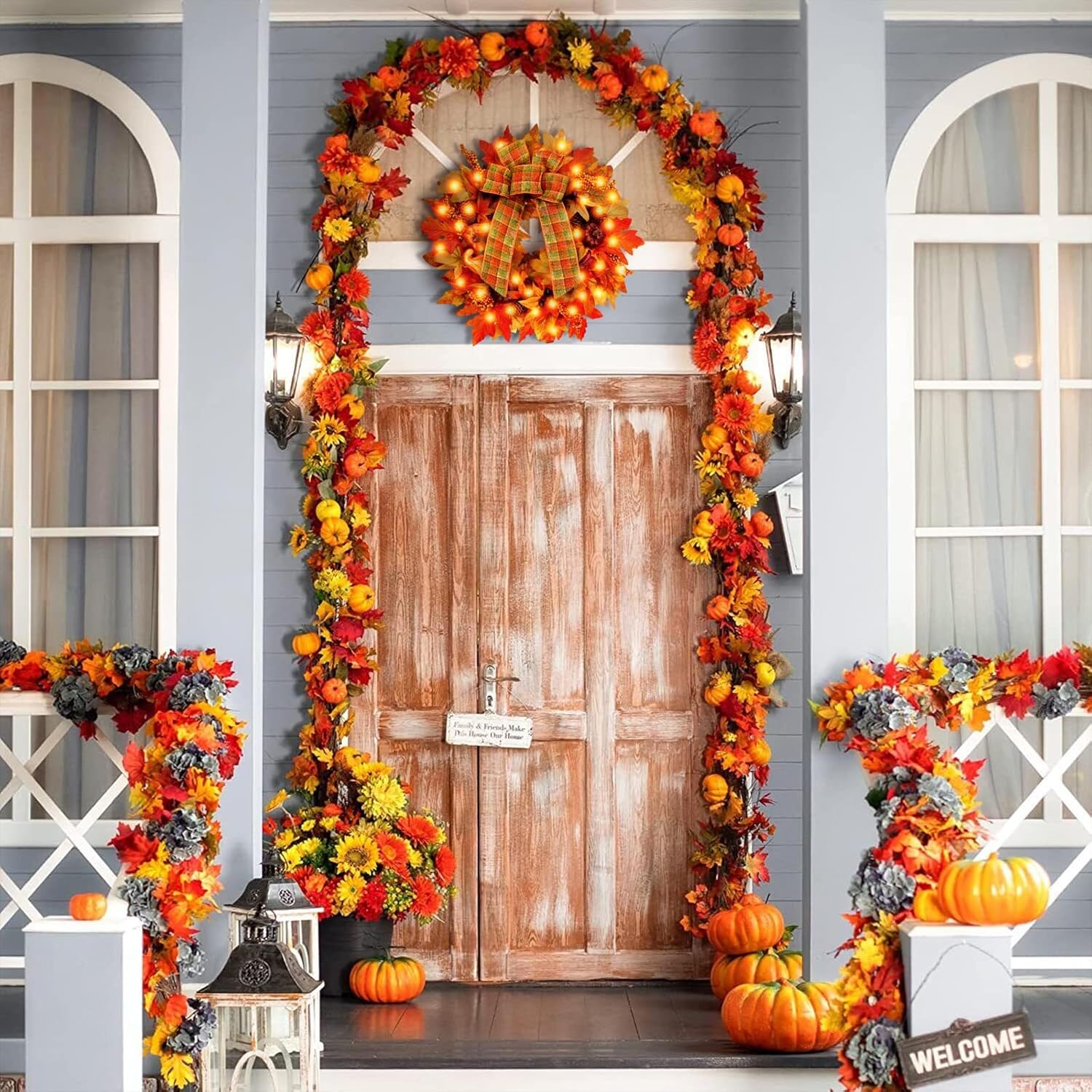 Heflashor 24 Inch Fall Door Wreath with Lights