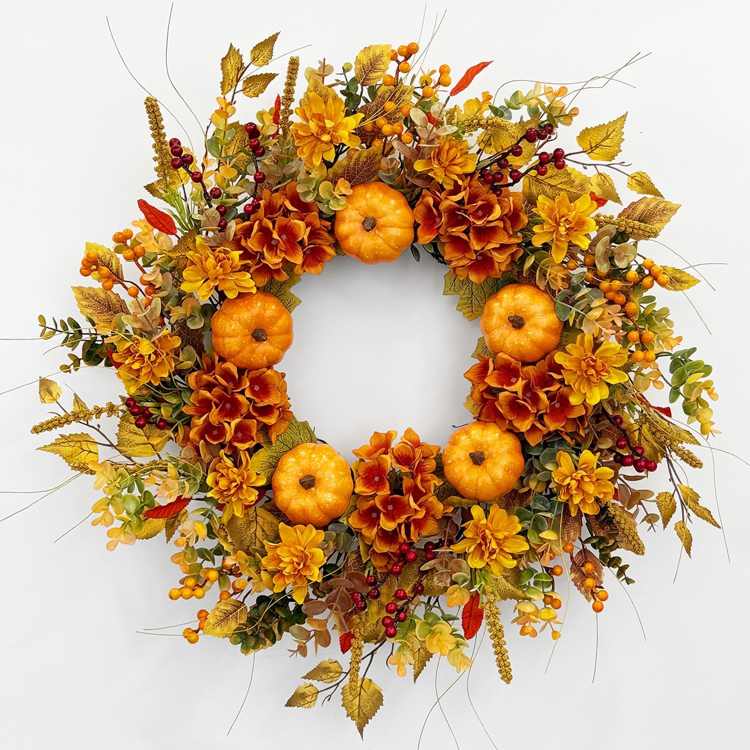 24 Inch Fall Door Wreath with Pumpkins and Hydrangeas