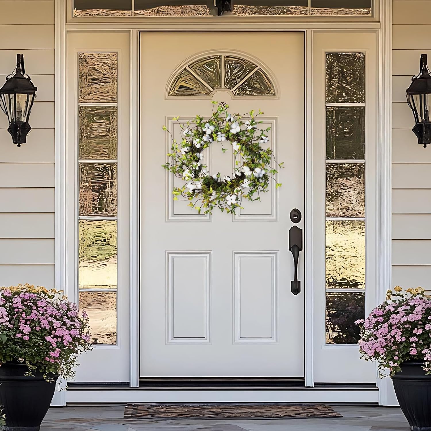 Idyllic Green Leaves and Cotton Wreath for Front Door