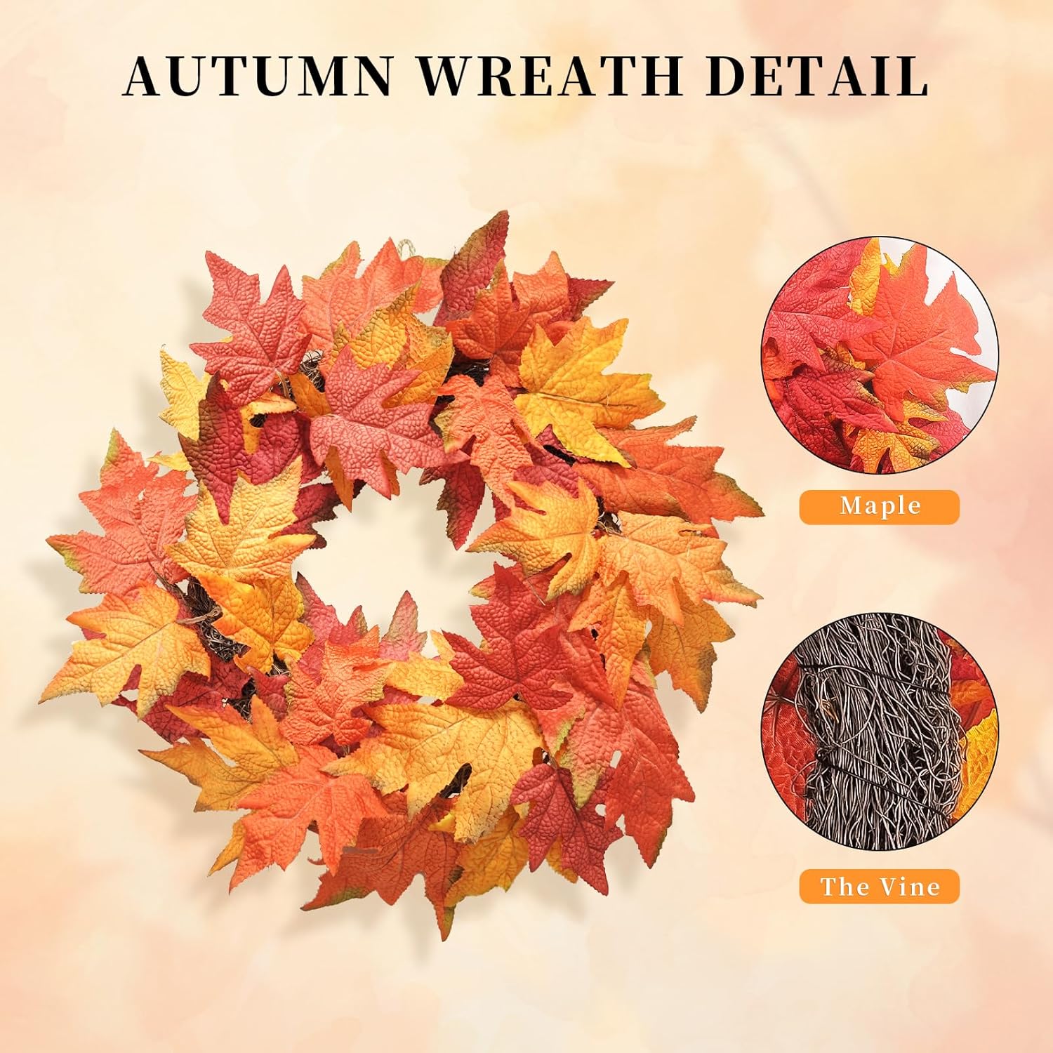 Artificial Fall Wreath for Front Door - 18 Inch Maple Leaf Autumn Decor