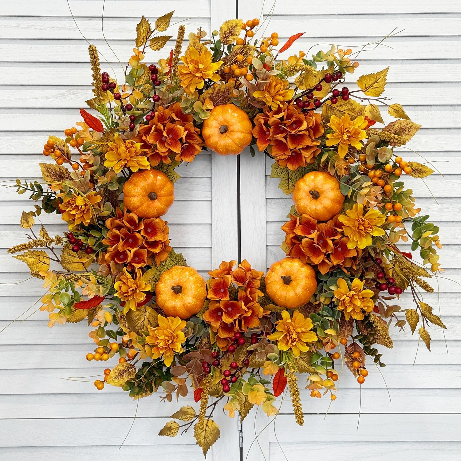 24 Inch Fall Door Wreath with Pumpkins and Hydrangeas