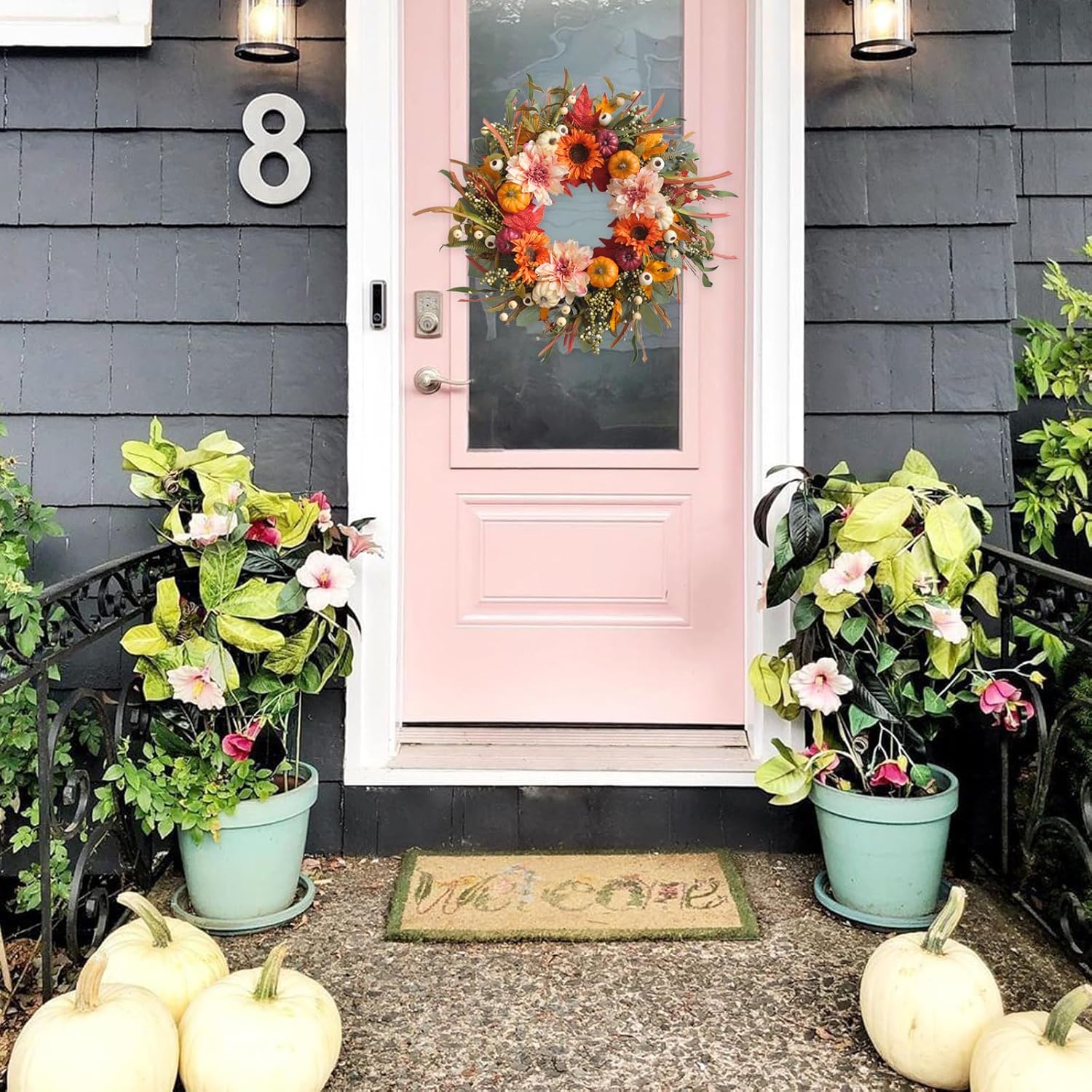24 Inch Autumn Wreath with Sunflowers and Pumpkins