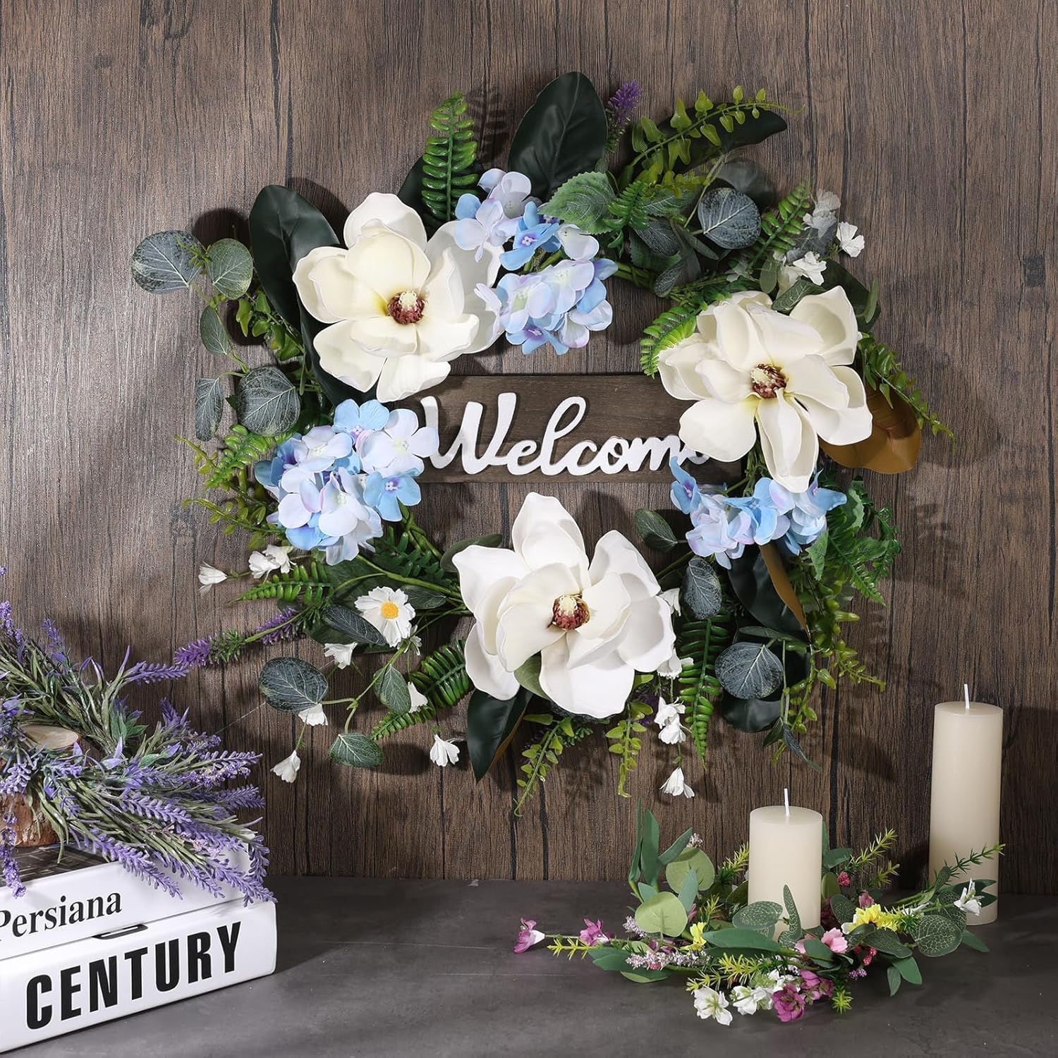 24 Inch Artificial White Magnolia Wreath for Front Door