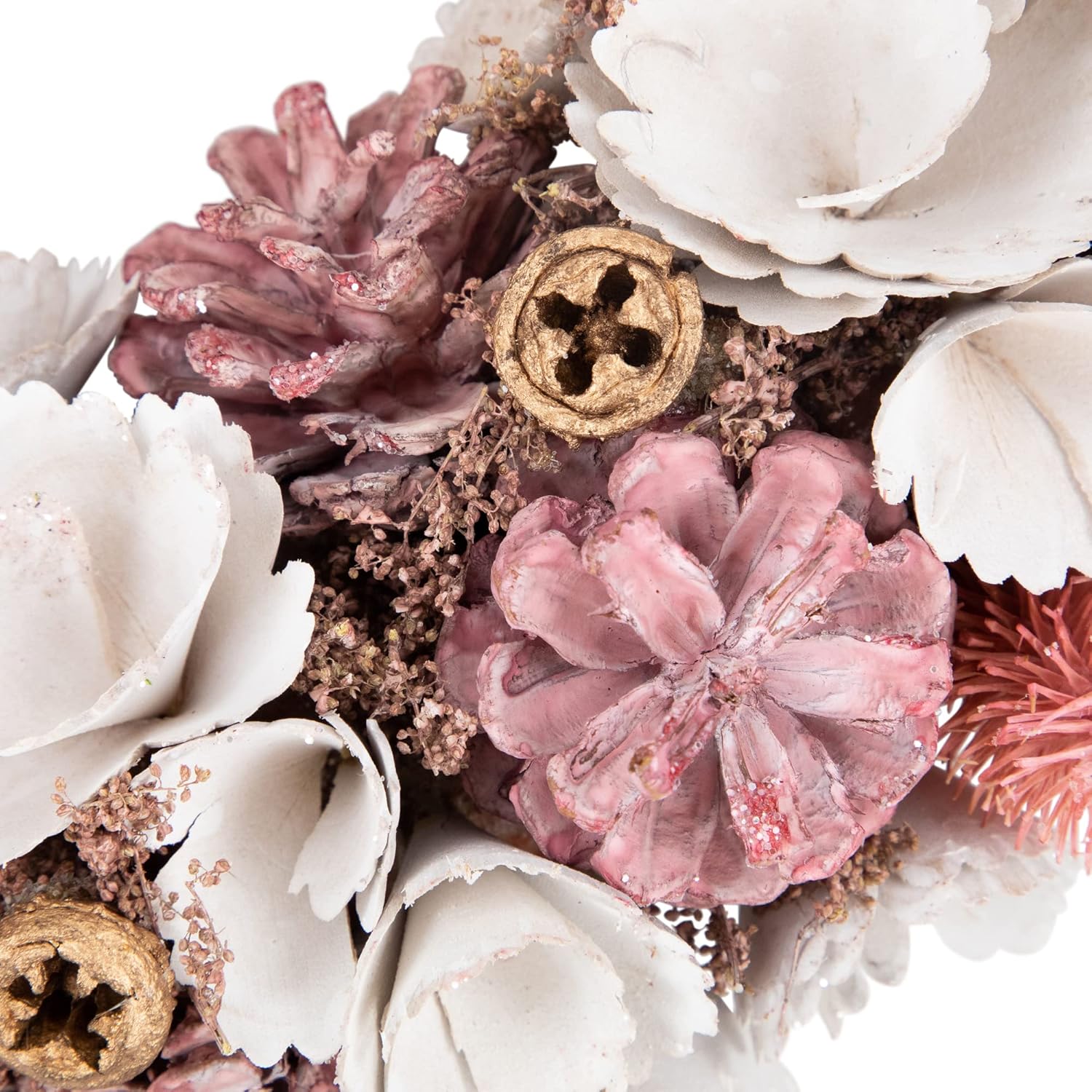 Northlight 13 Inch White Pink Wooden Floral Christmas Wreath with Pinecones