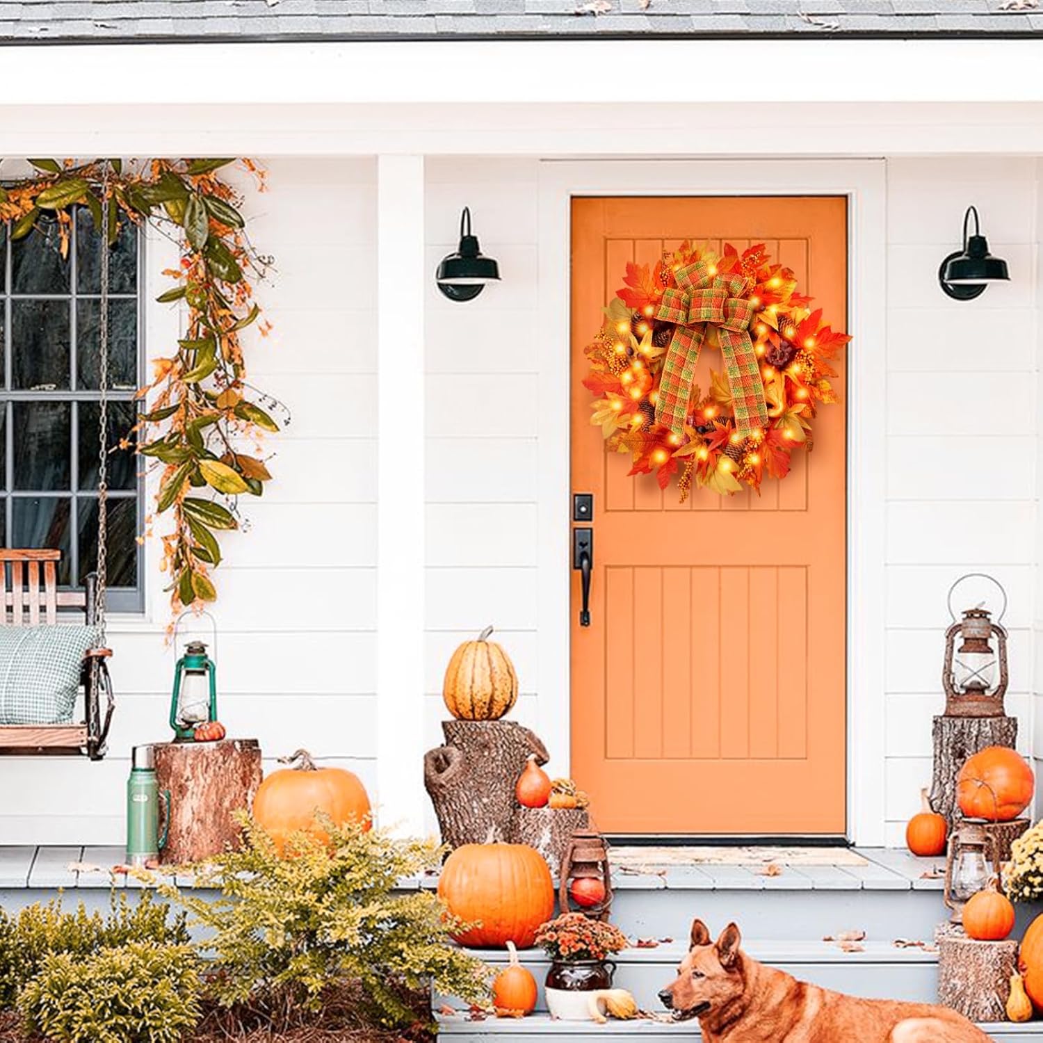Heflashor 24 Inch Fall Door Wreath with Lights