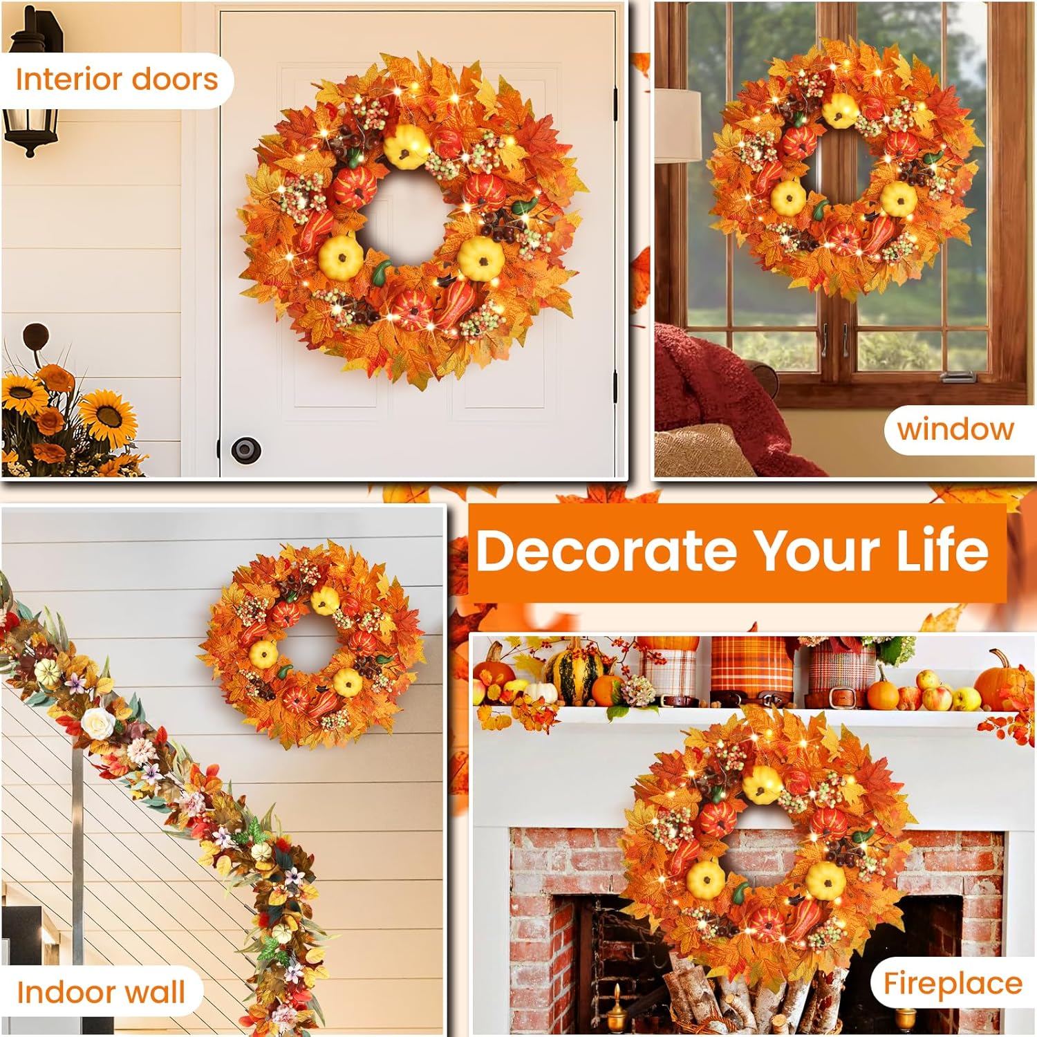 20 Inch Autumn Front Door Wreath with Lights