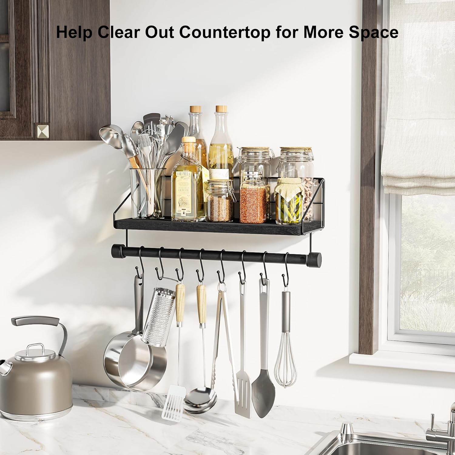 Alsonerbay Floating Wood Shelf with Hooks and Towel Bar