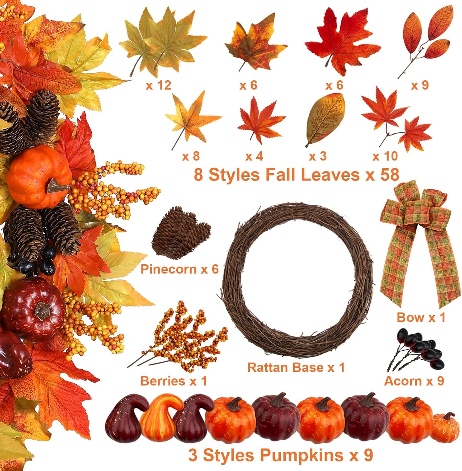 Heflashor 24 Inch Fall Door Wreath with Lights