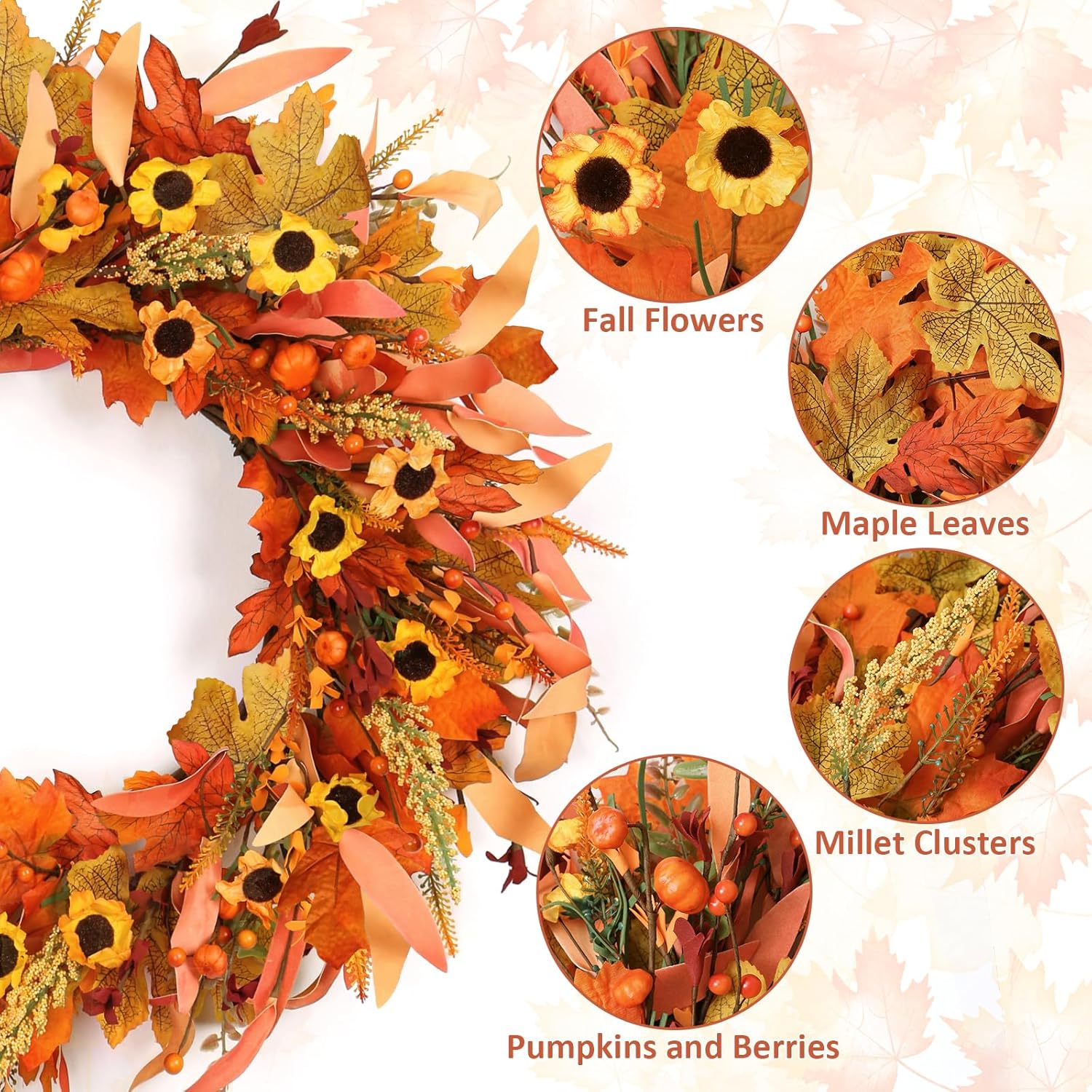 KHOYIME 20 Inch Artificial Autumn Wreath for Front Door