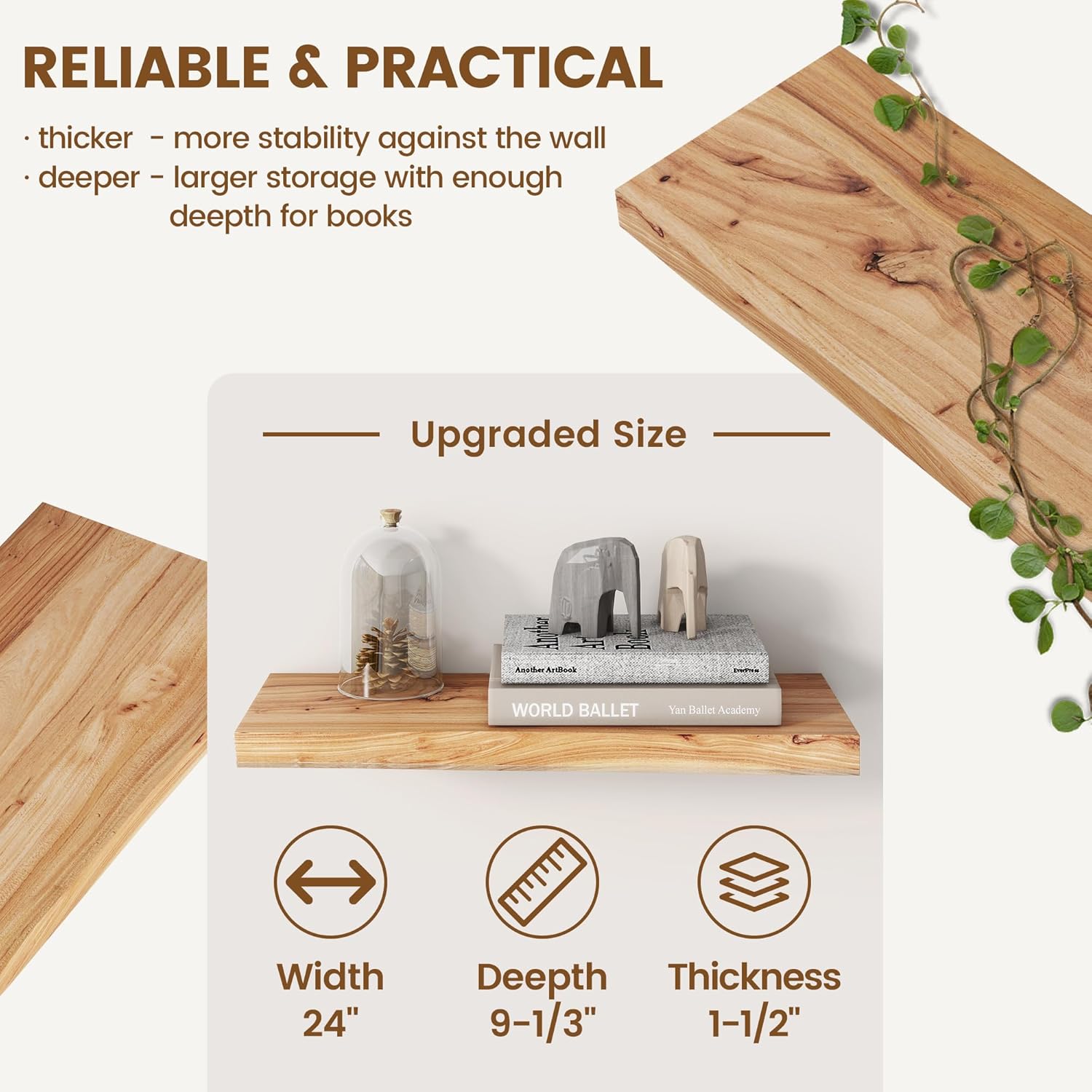 Venusmiles Reclaimed Elm Wood Floating Shelves Set of 2