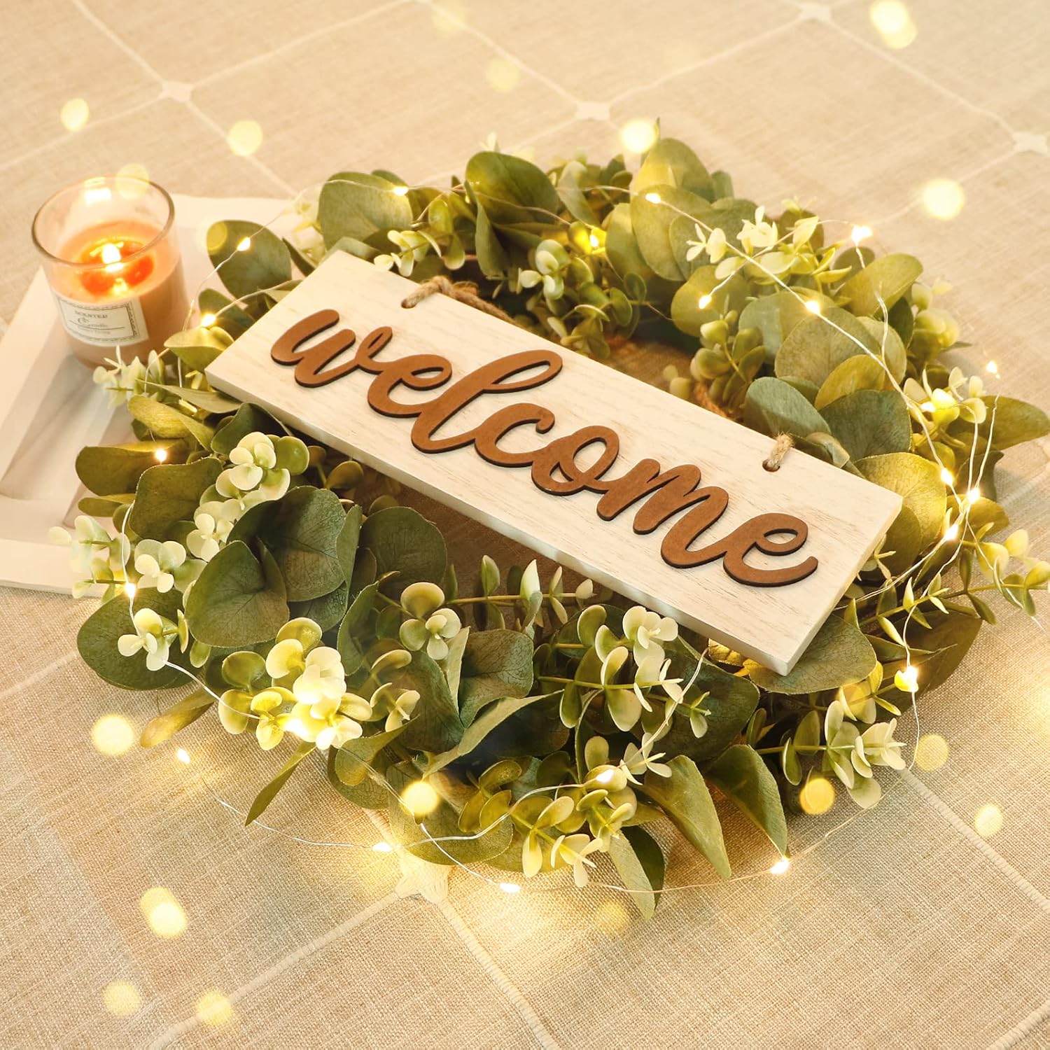 Dremisland 16 Inch Artificial Eucalyptus Wreath with Welcome Sign