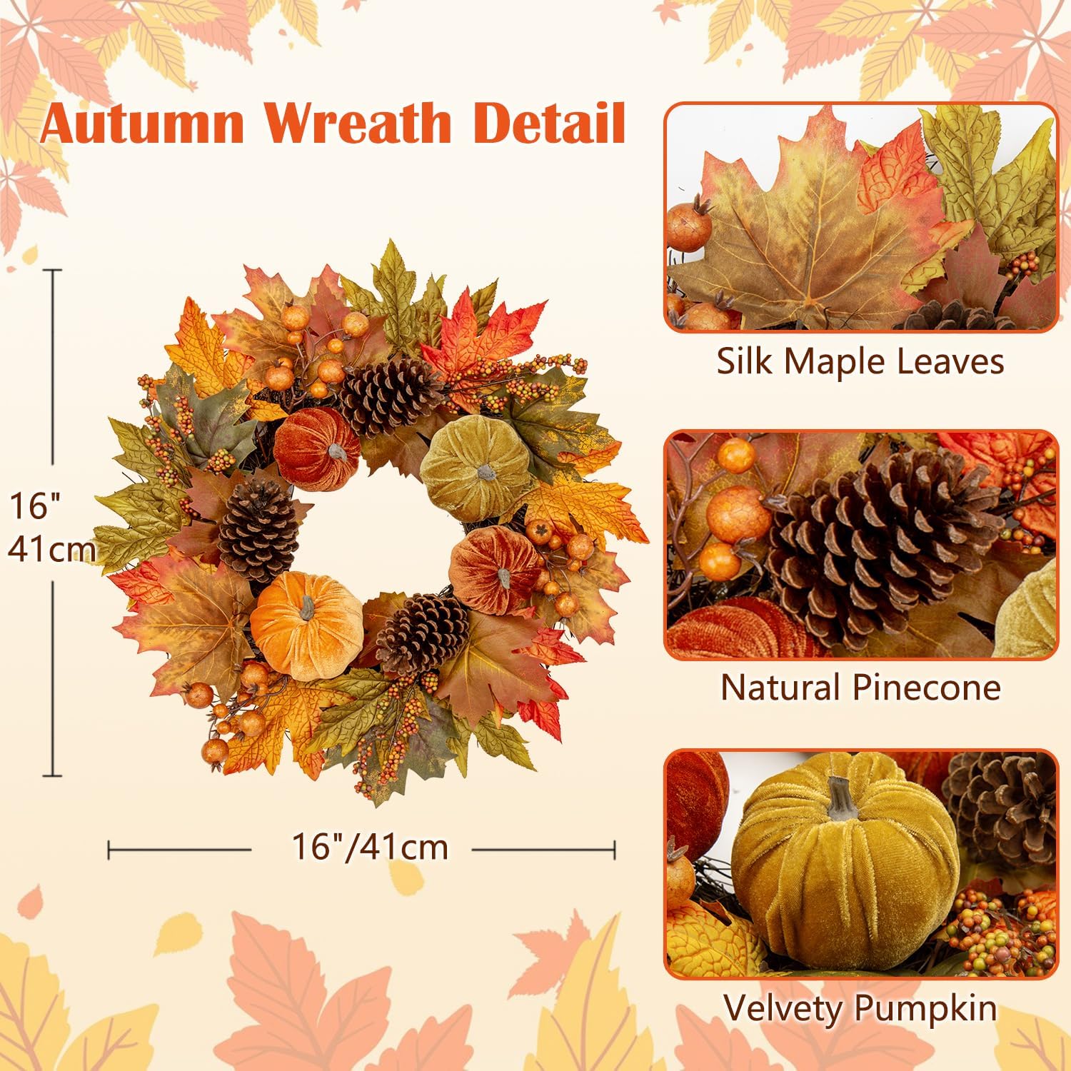 Gorgeous Fall Wreath with Velvet Pumpkins and Metal Hook