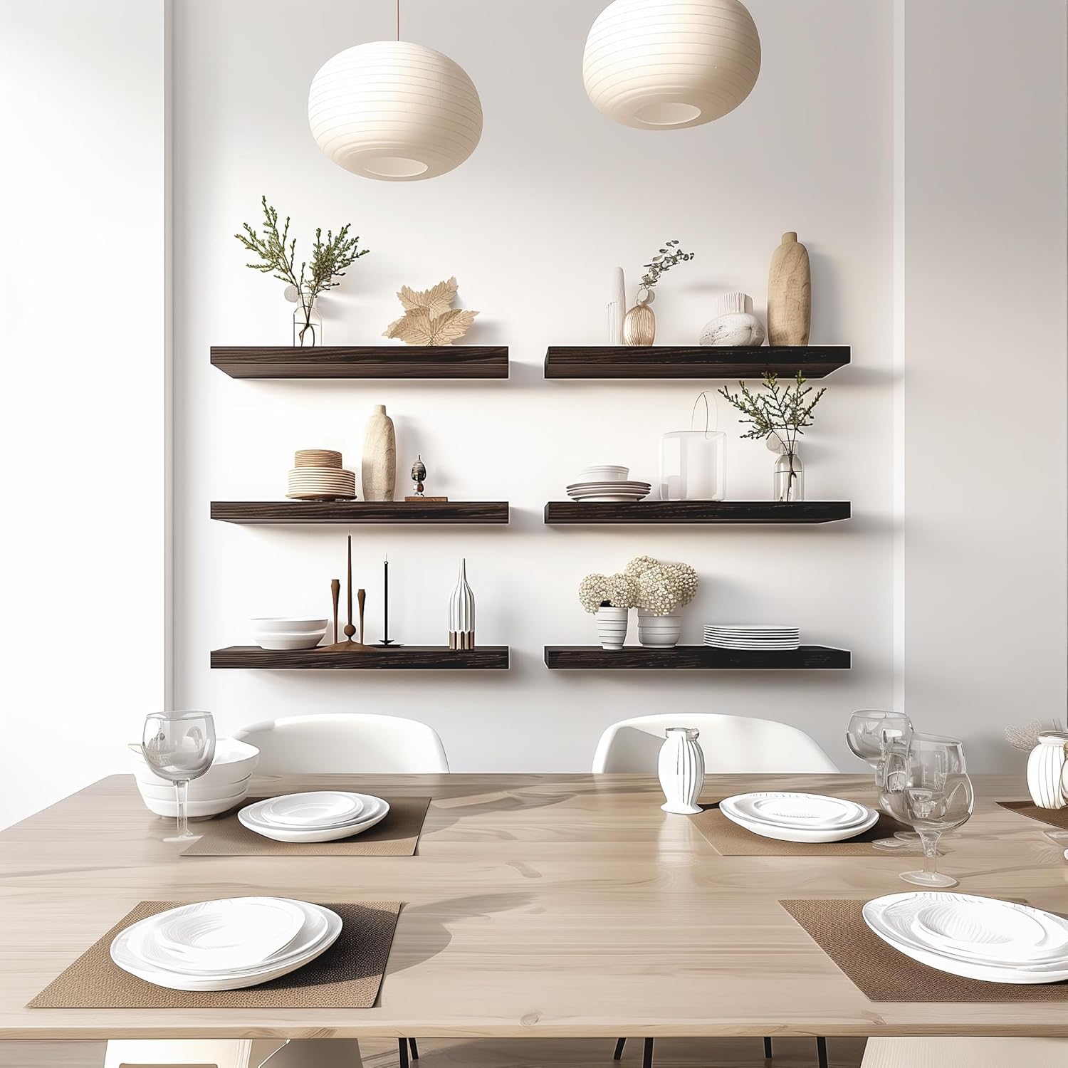 Brown Wood Floating Shelves Set of 6 for Rustic Bedroom Living Room