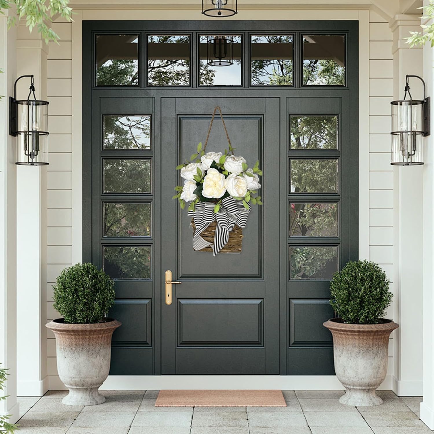 White Hydrangea Door Wreath with Basket Hanger Welcome Sign