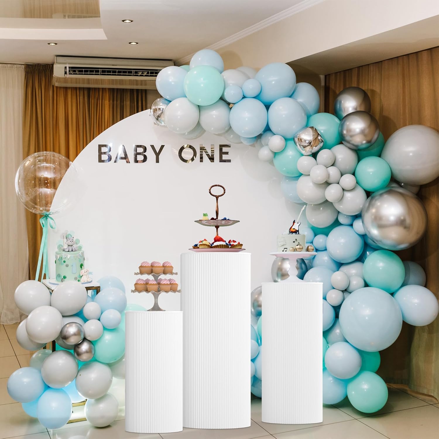 3Pcs White Cylinder Pedestal Stands for Party