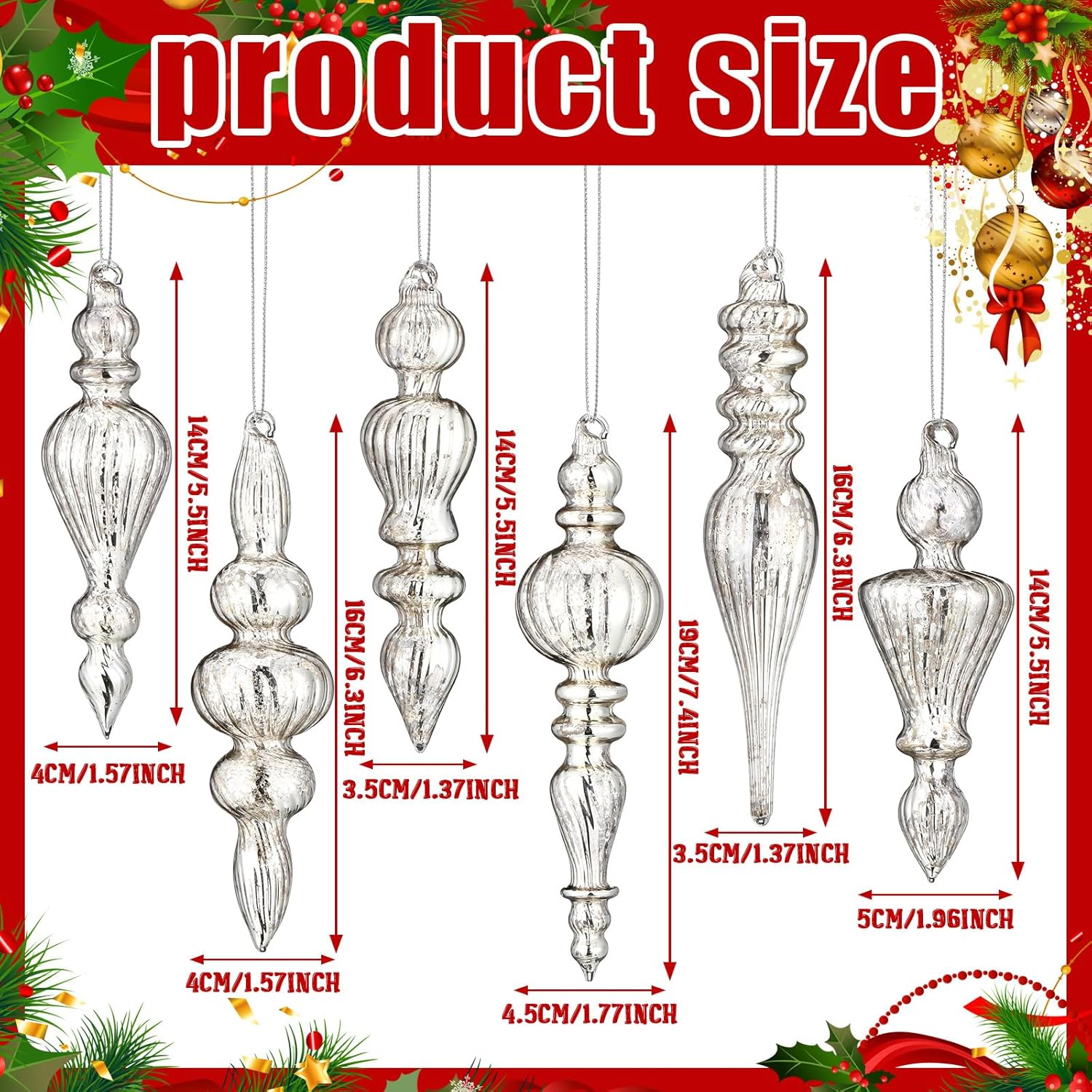Soaoo 6 Pcs 63 Inch Mercury Glass Finial Christmas Ornaments