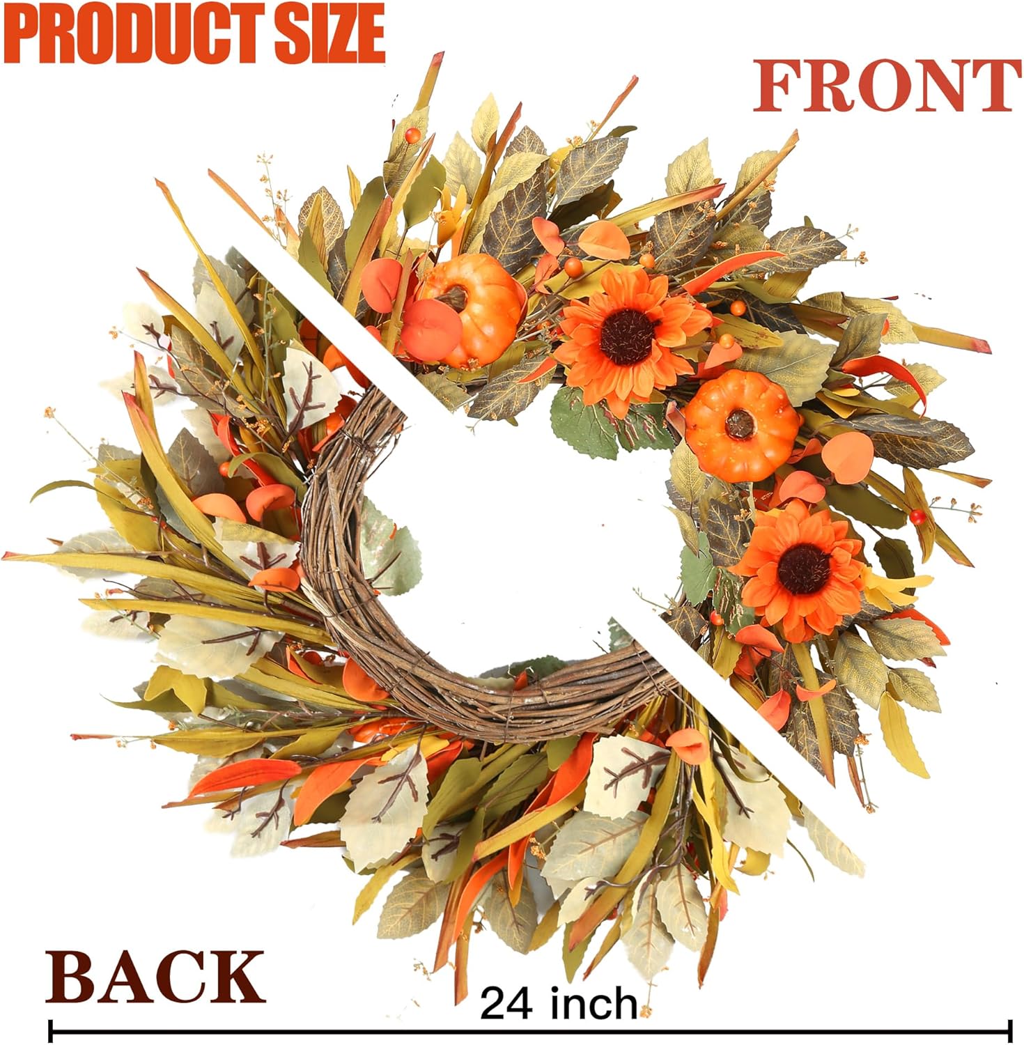Sggvecsy 24 Inch Fall Wreath with Pumpkins and Sunflowers