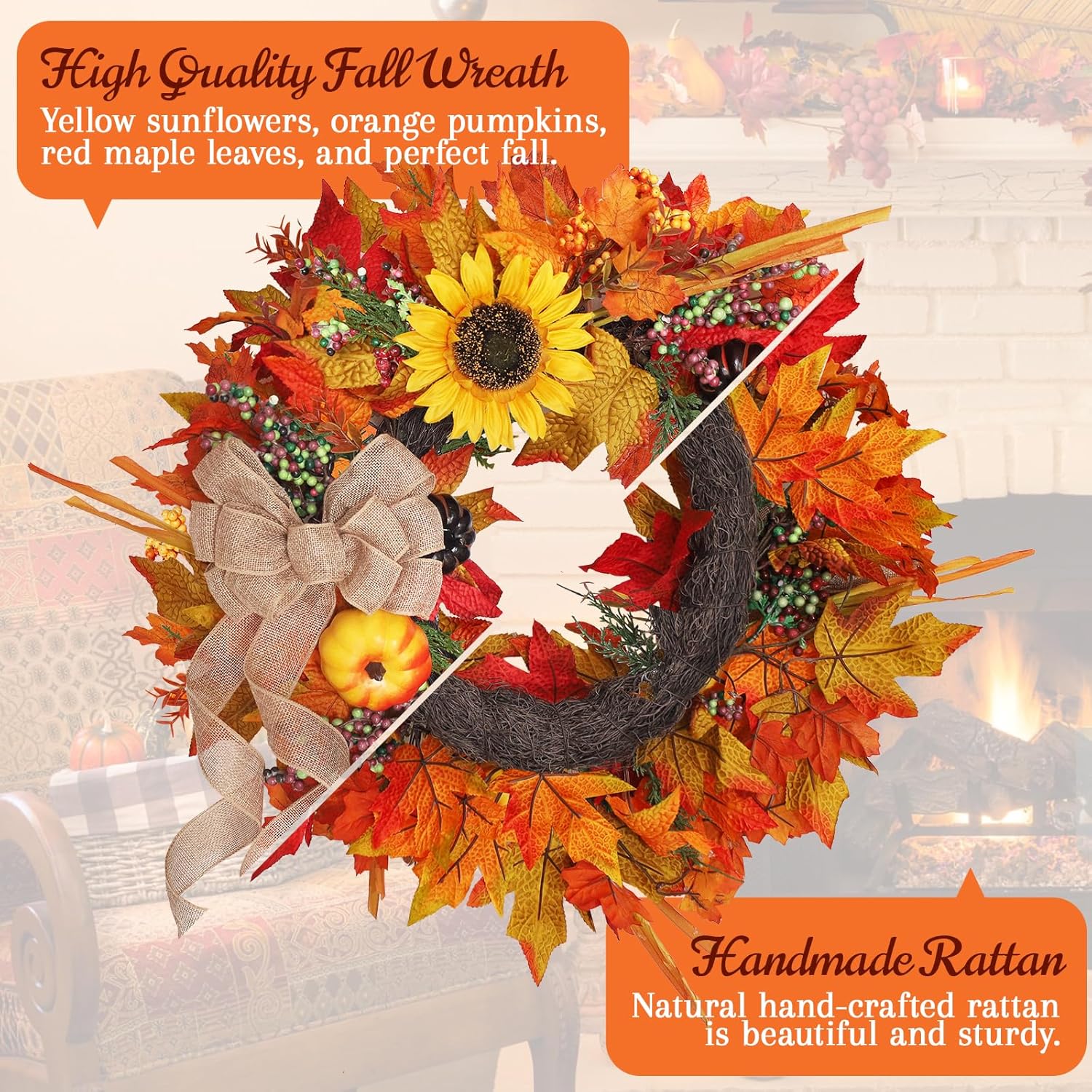 20 Inch Autumn Wreath with Pumpkins and Sunflowers