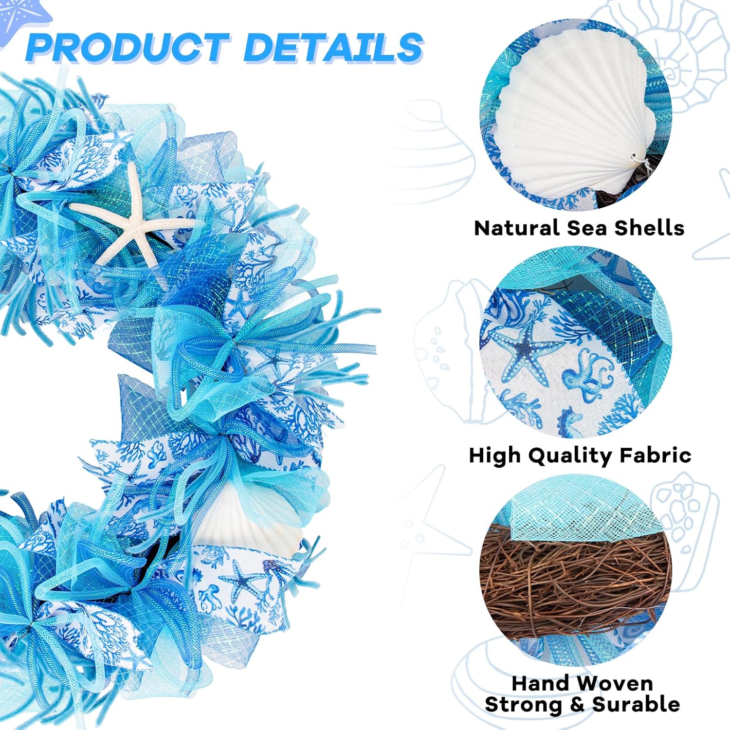 24 Inch Coastal Wreath with Starfish and Scallops Shell