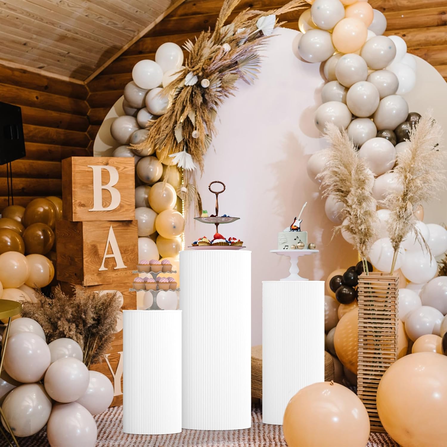 3Pcs White Cylinder Pedestal Stands for Party
