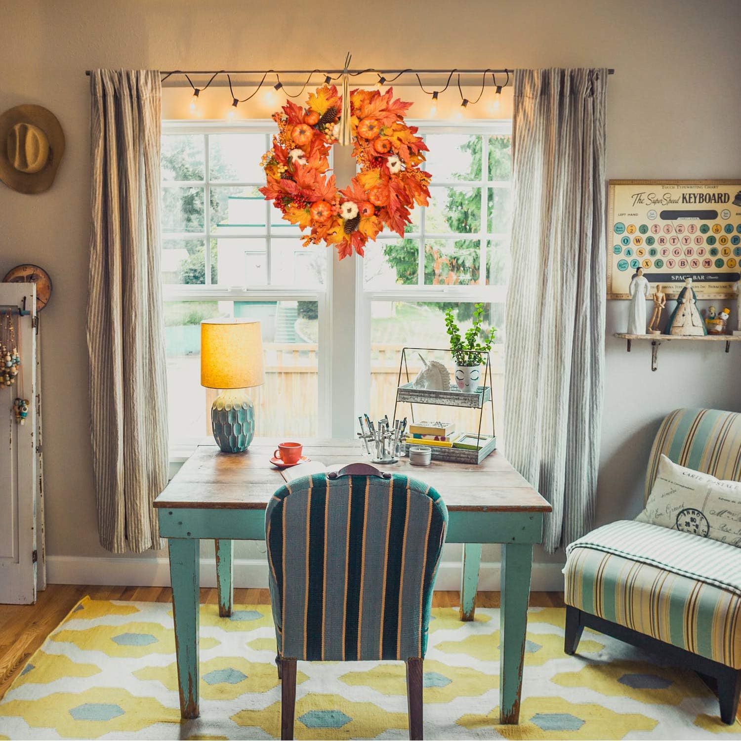DearHouse 22 Inch Fall Wreath with Pumpkins and Maple Leaves