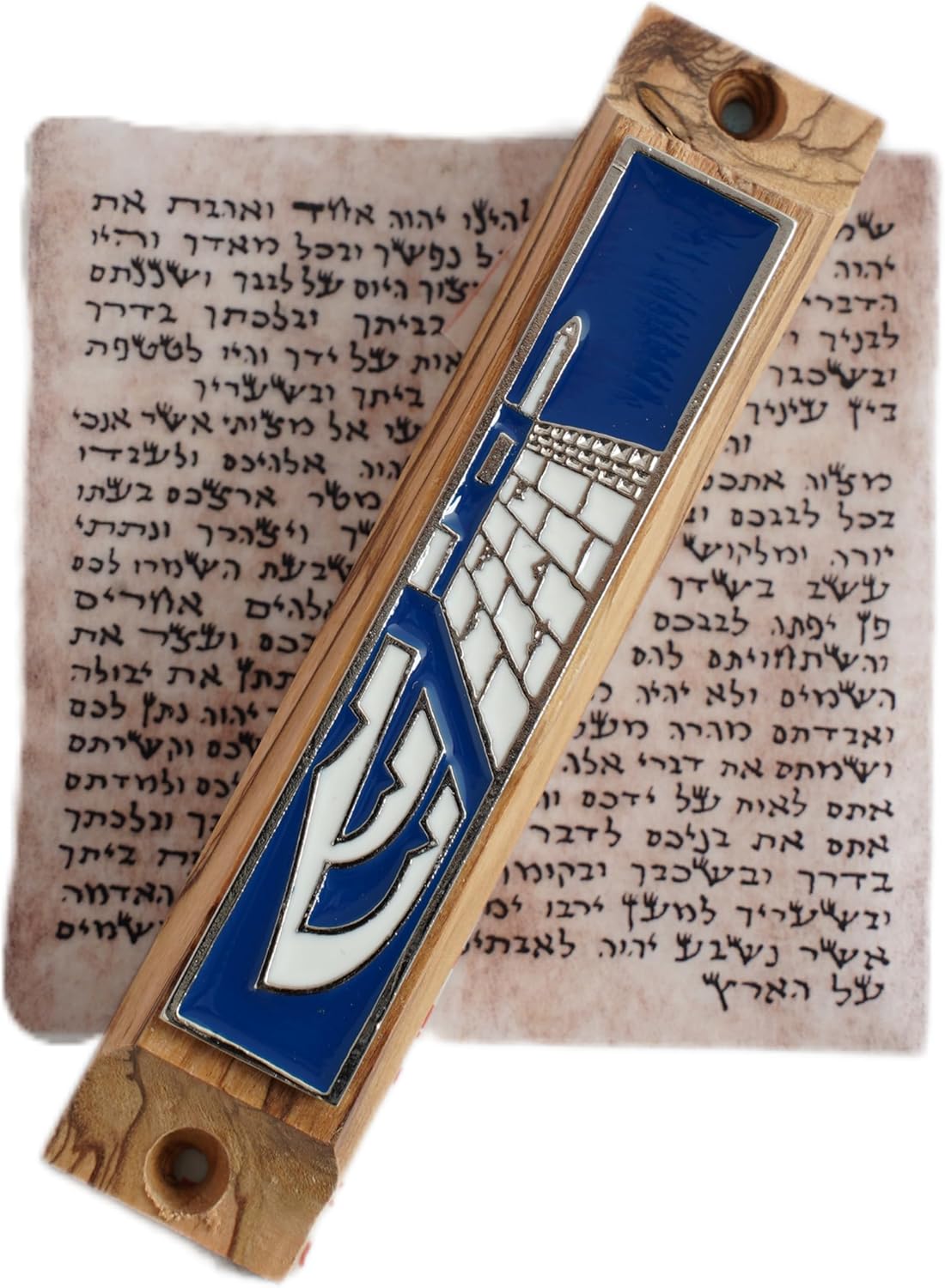 Olive Wood Blue Enamel Door Mezuzah Case with Scroll and Nails