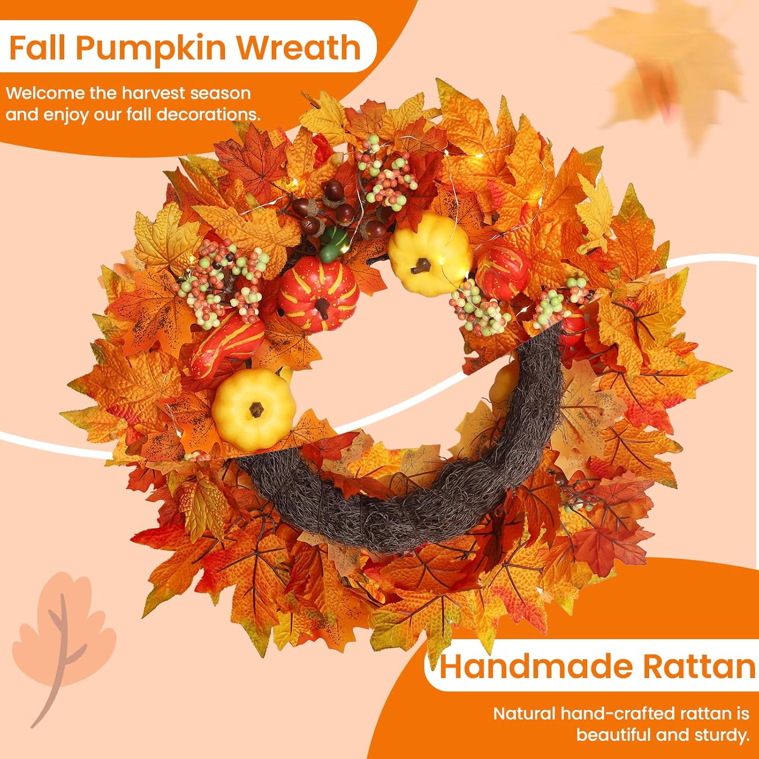 20 Inch Autumn Front Door Wreath with Lights