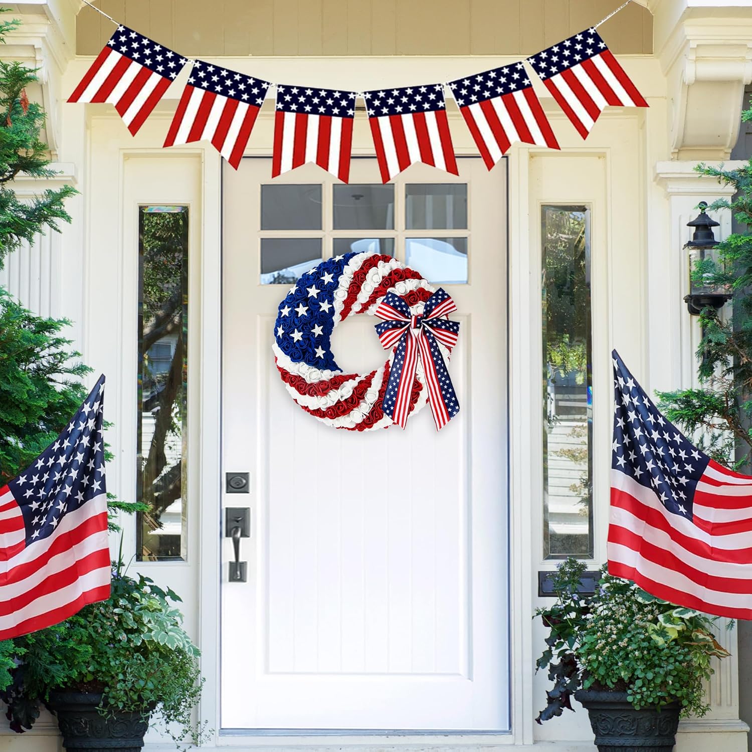 14 Inch 4th of July Patriotic Wreath with Artificial Roses