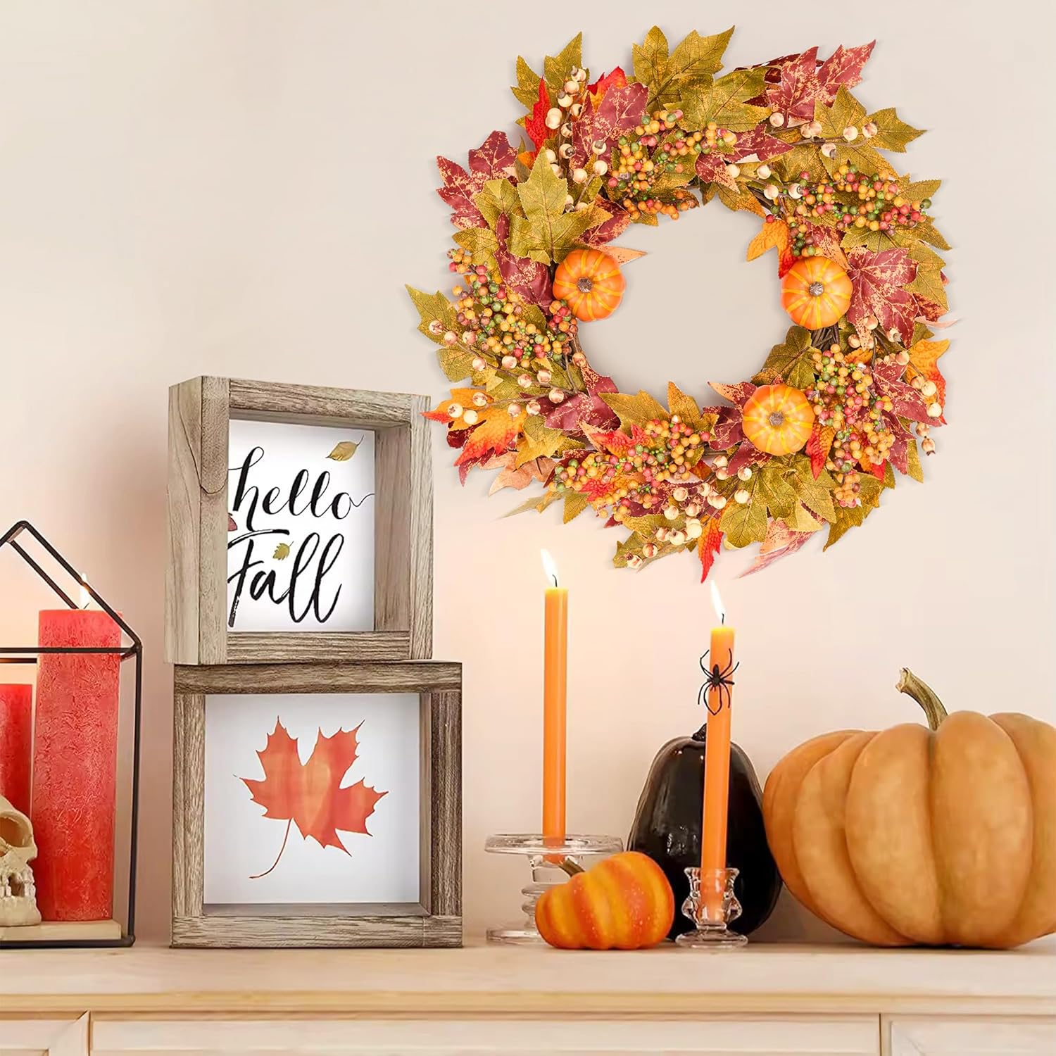 GENMOUS Fall Door Wreath with Pumpkins and Maple Leaves