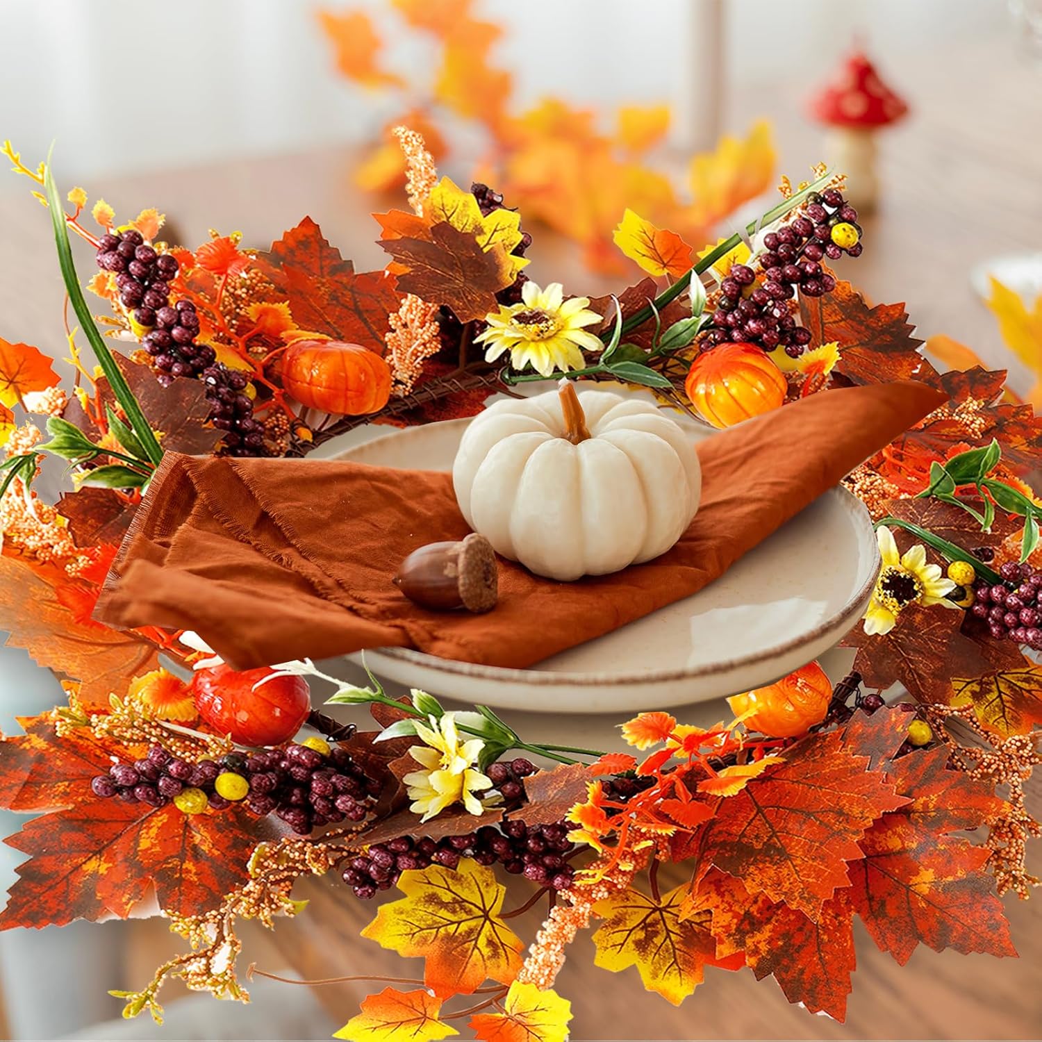 Fall Wreath for Front Door Artificial Autumn Maple Leaf Wreath with Pumpkins Berries 14 Inch Decor