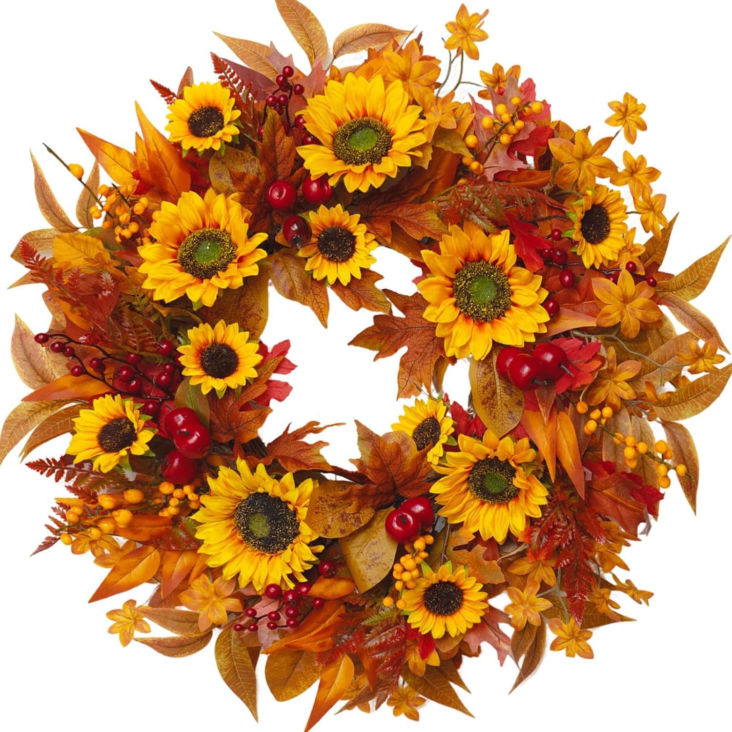 24 Inch Fall Wreath for Front Door - Autumn Decor with Sunflower Berries and Maple Leaves