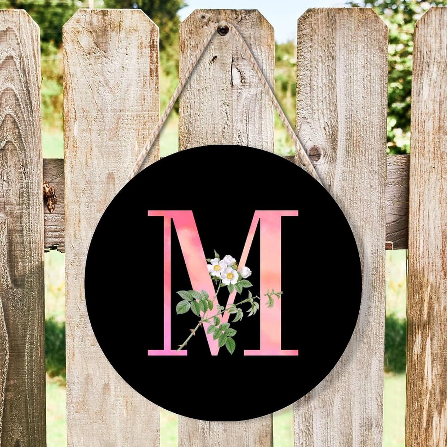 Farmhouse Door Hanger White Flower Pink Letter M Wood Sign