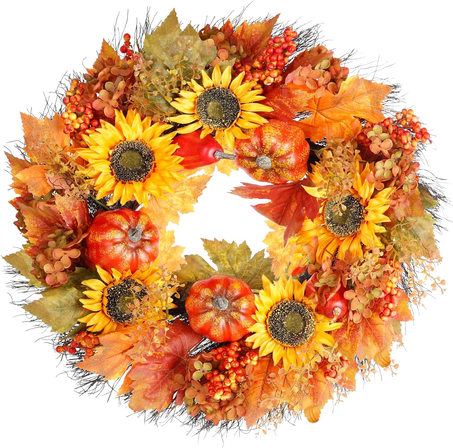 Fall Wreath with Pumpkins and Sunflowers 22 Inch Decor for Front Door