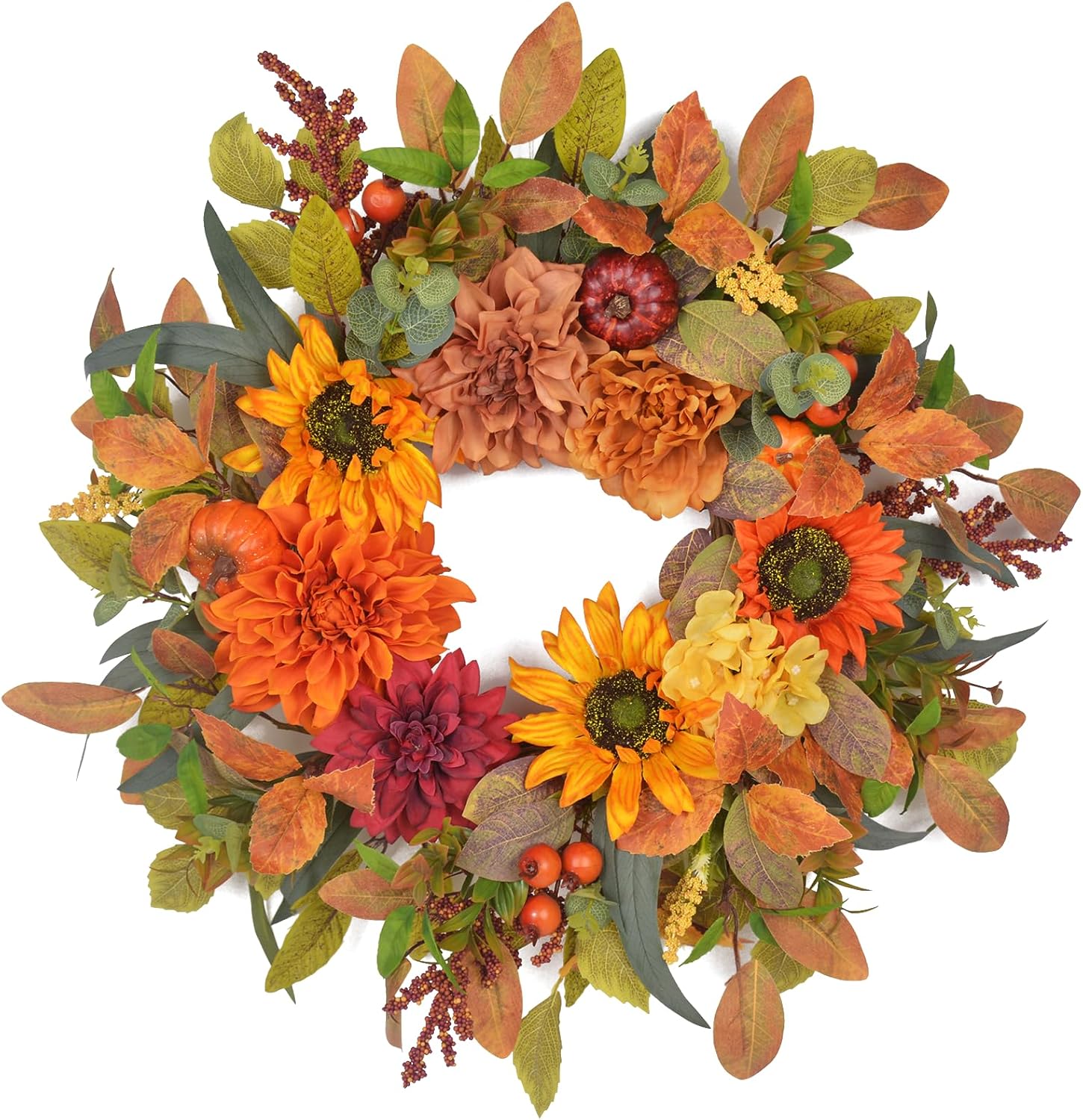 24-26 Inch Fall Wreath with Orange Artificial Pumpkin for Autumn Front Door Decor
