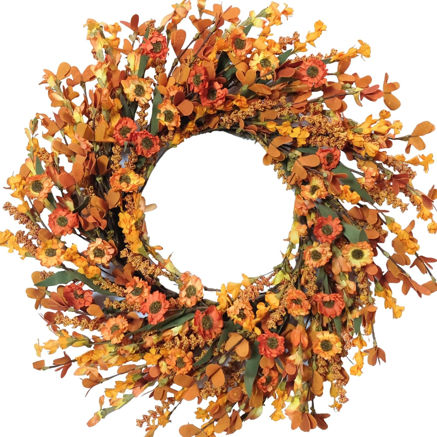 Bibelot 20 Inch Fall Wreath with Green Leaves and Yellow Daisies