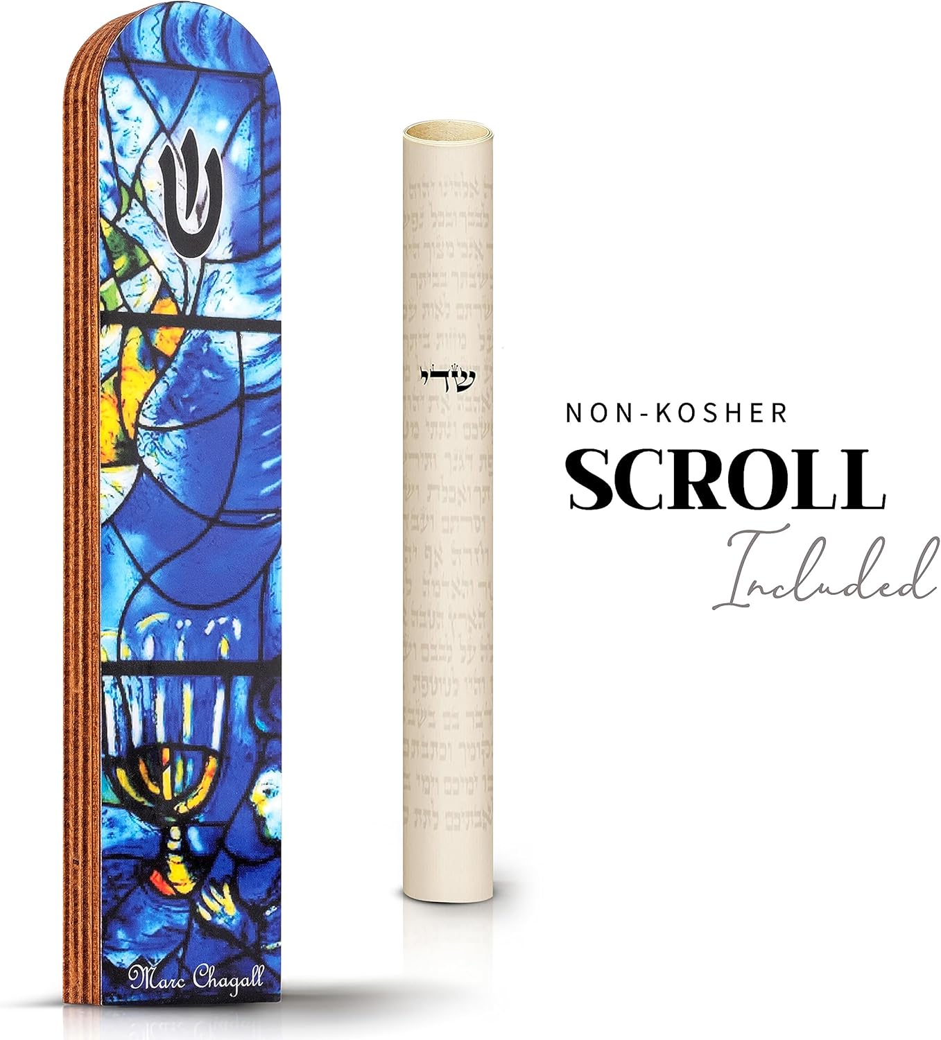 SURI Wooden Mezuzah with Blue Scroll 5 Inch Decorative Door Ornament