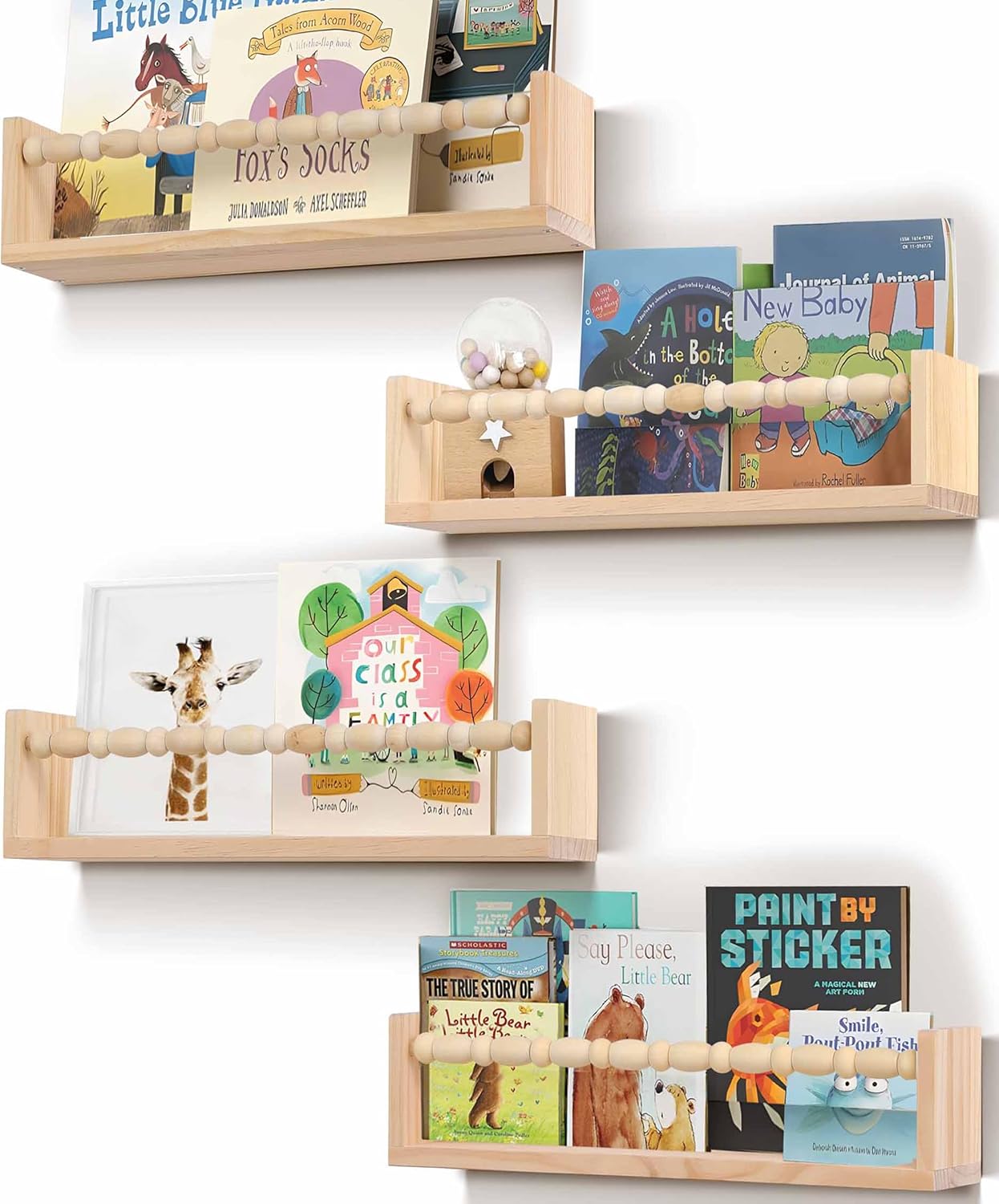 Nursery Book Shelves Set of 4 Natural Wood Floating Shelves for Wall